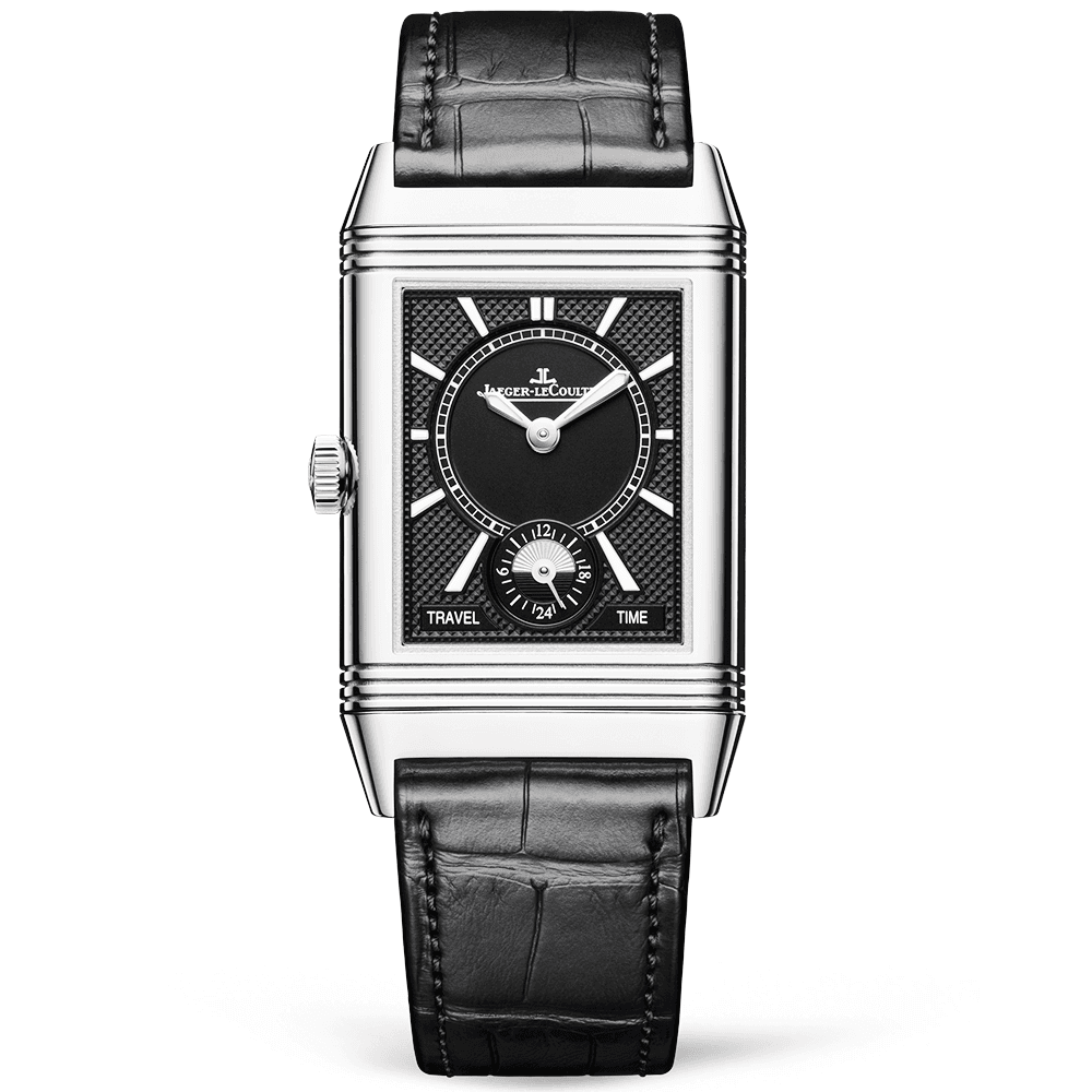 Reverso Classic Duoface Medium Silver Dial & Black Leather Strap Watch
