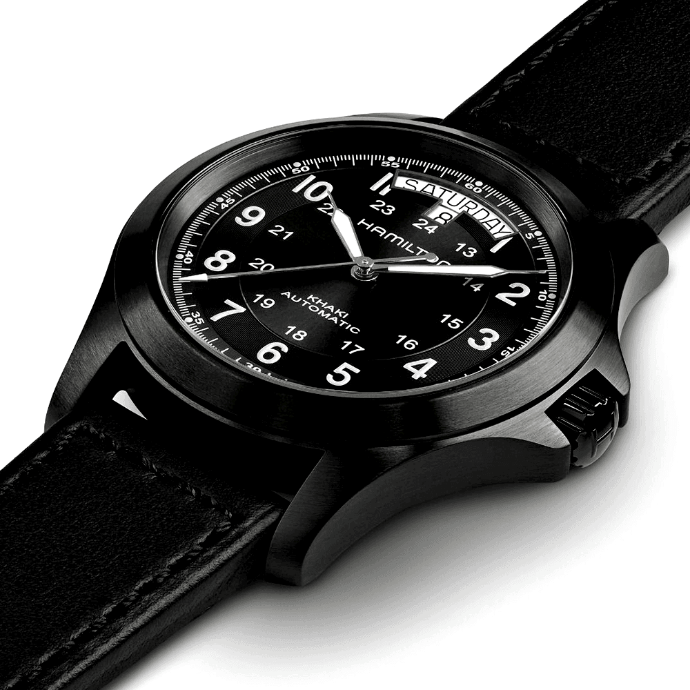 Khaki Field King 40mm All Black PVD Leather Strap Automatic Watch