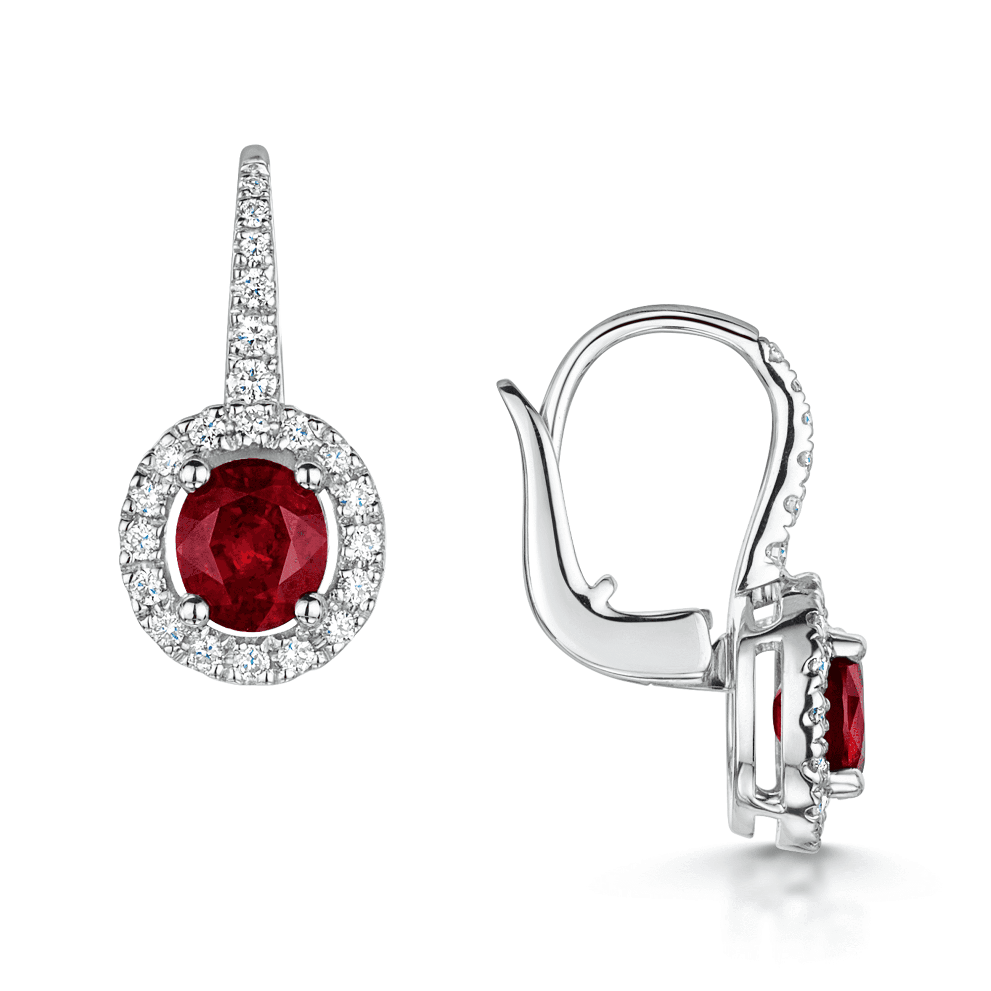 18ct White Gold Oval Ruby And Diamond Halo Cluster Drop Earrings