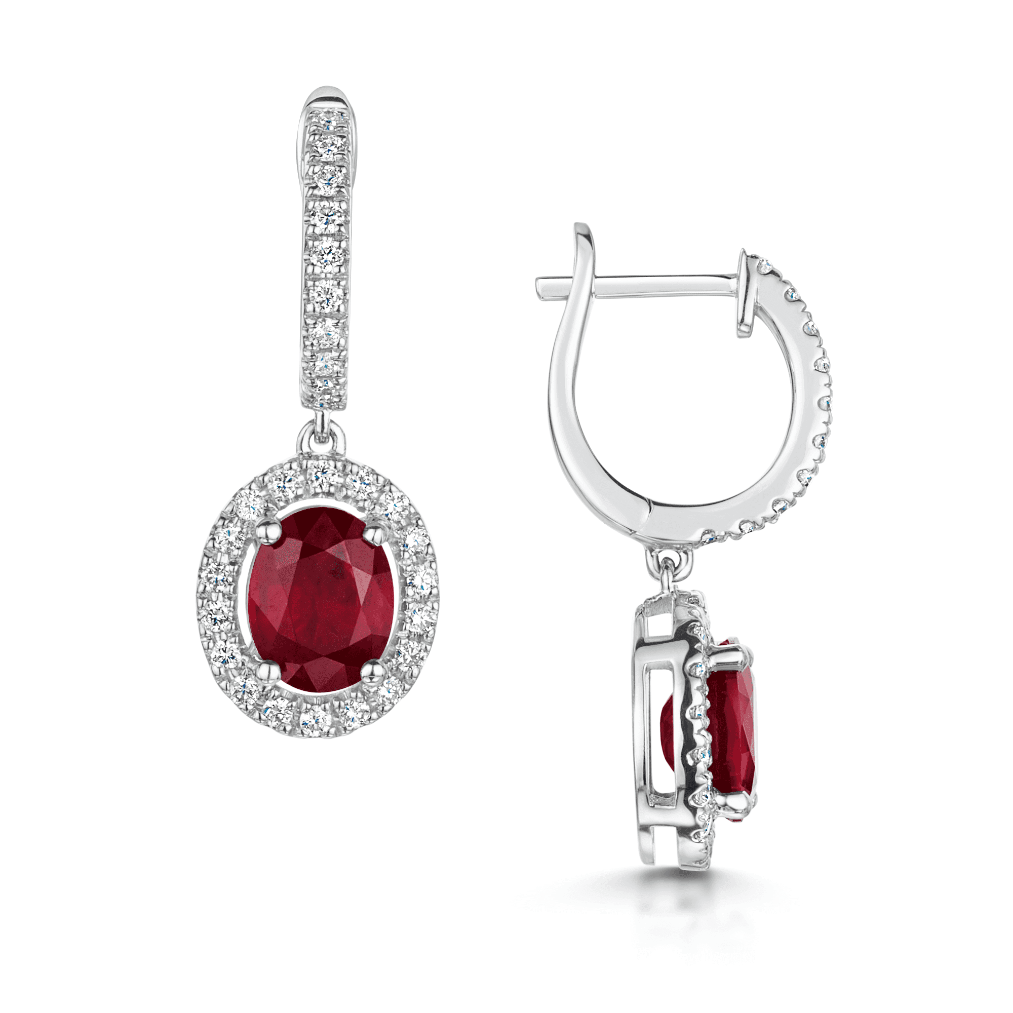 18ct White Gold Oval Ruby And Diamond Halo Surround With Diamond Hoops