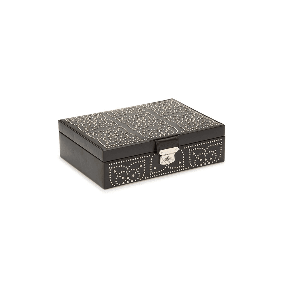 Marrakesh Black Leather Gold Studded Flat Jewellery Box