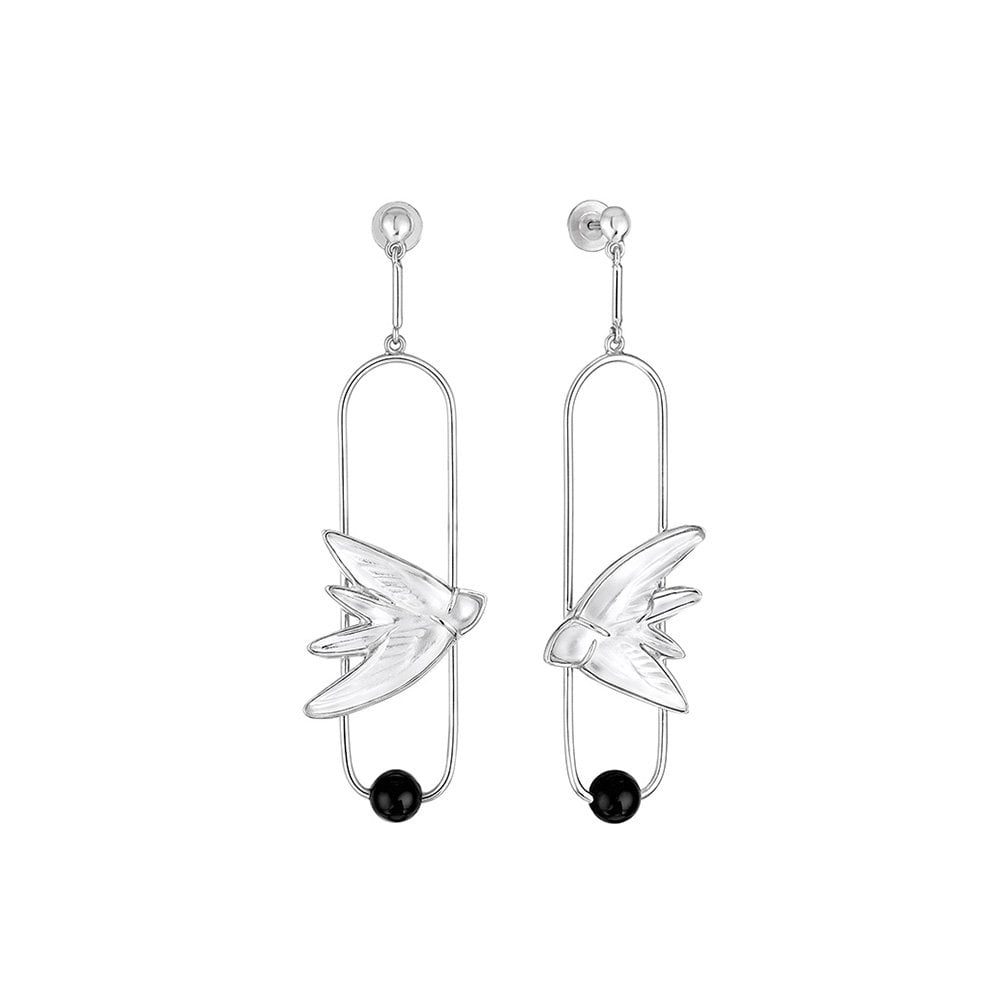 Hirondelles Clear Crystal, Onyx & Silver Drop Earrings