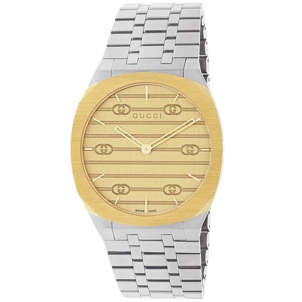 GUCCI 25H 34mm Yellow Dial & Two Tone Stainless Steel Bracelet Watch