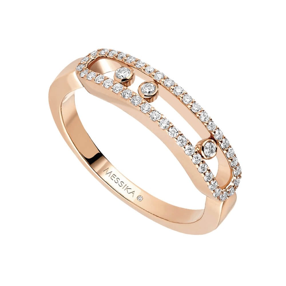 18ct Pink Gold Baby Move Three Moving & Pave Set Diamond Ring