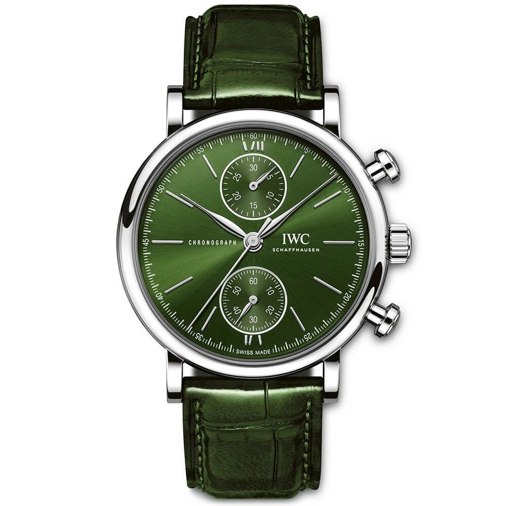 Portofino 39mm Green Dial Chronograph Leather Strap Watch