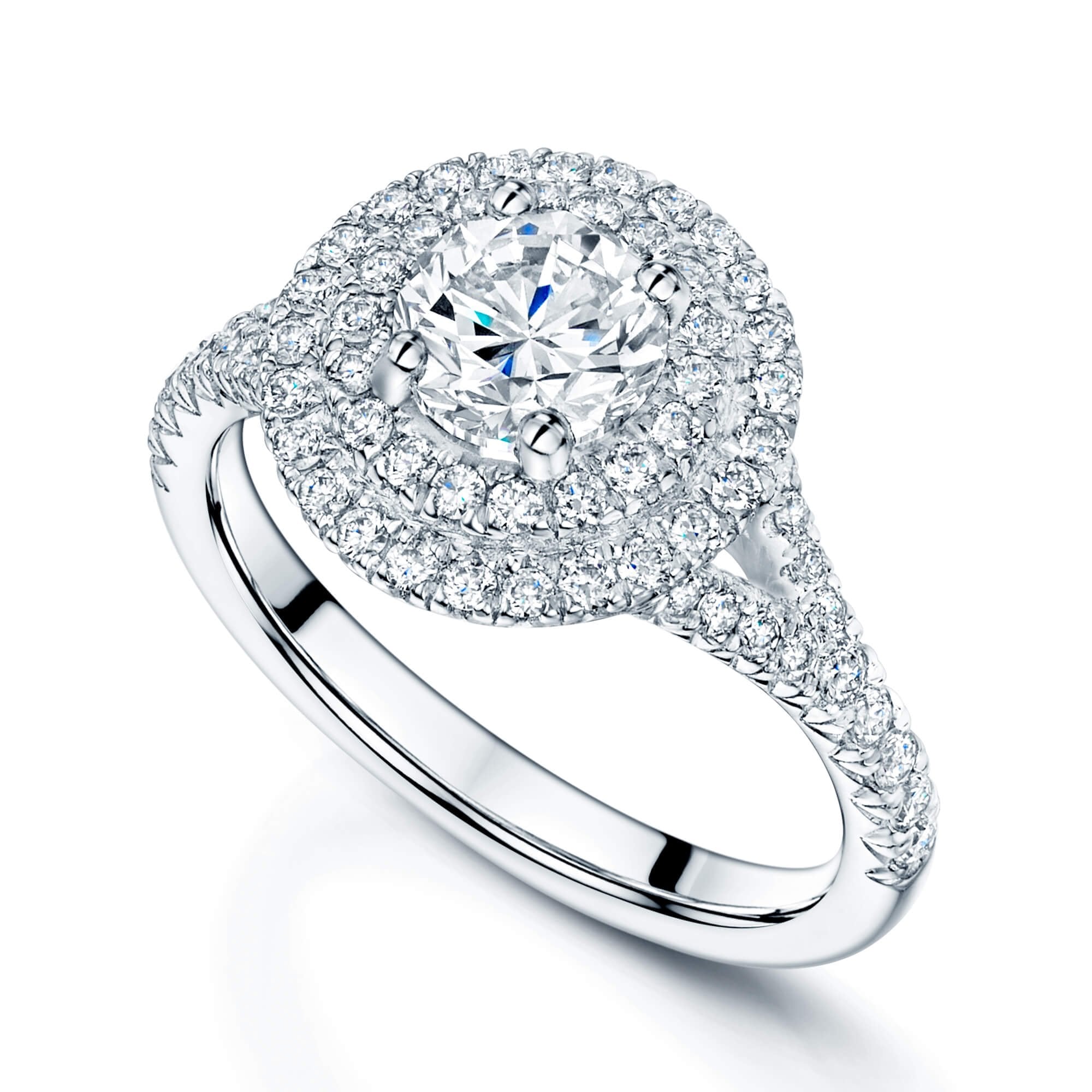 Platinum GIA Diamond Double Halo Ring with Split Diamond Shoulders