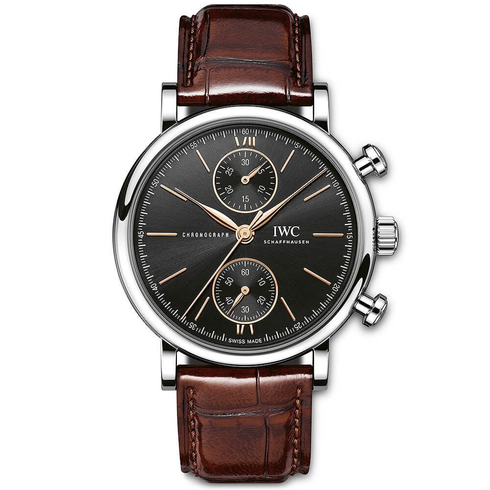 Portofino 39mm Black/Rose Dial Chronograph Leather Strap Watch