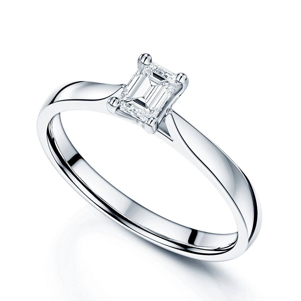 Platinum GIA Certificated 0.33 Carat Emerald Cut Single Stone Diamond Ring With A Four Claw Setting