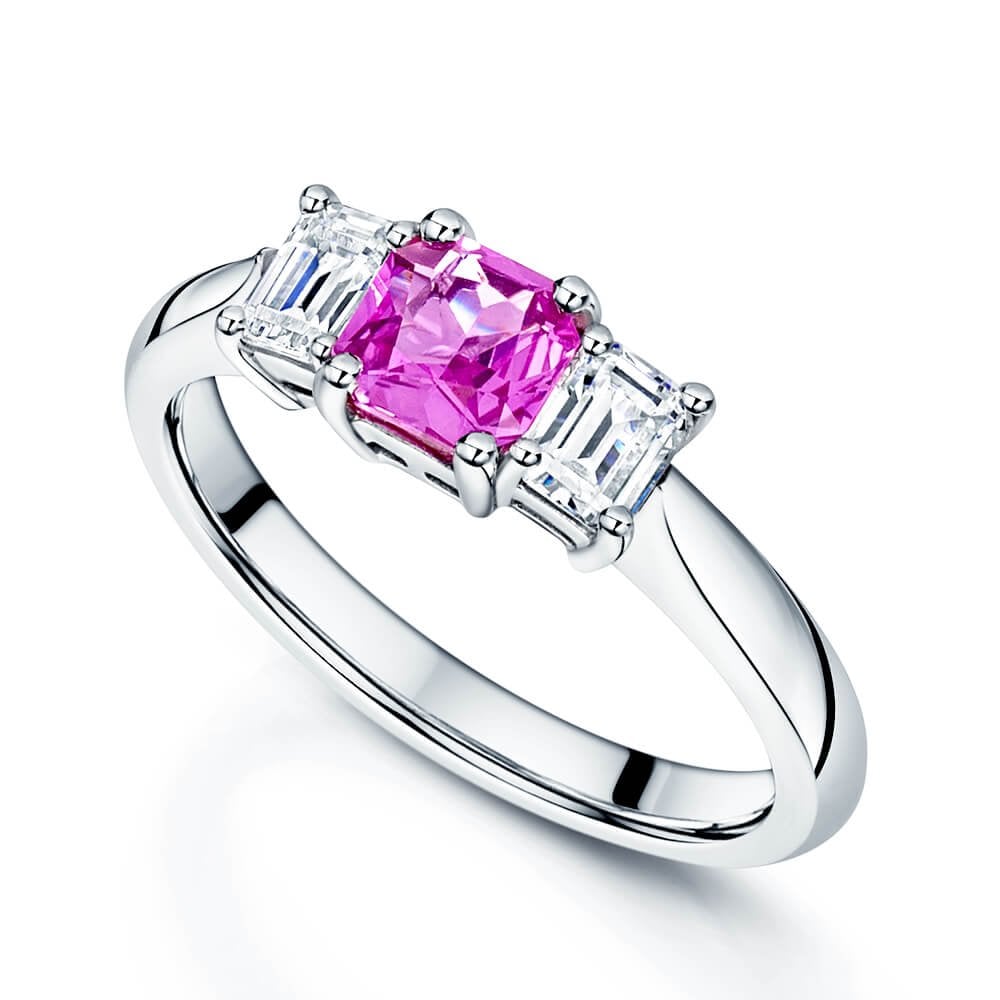 18ct White Gold Emerald Cut Pink Sapphire & Diamond Three Stone Ring