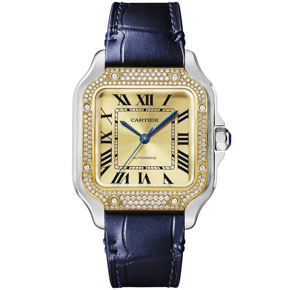 Santos de Cartier Medium Steel & 18ct Yellow Gold Diamond Set Watch