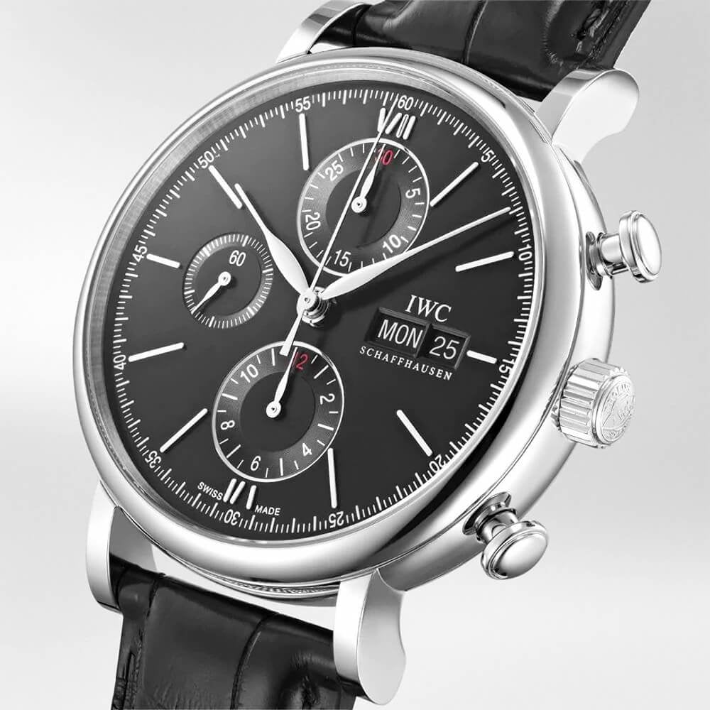 Portofino 42mm Black Dial Men's Chronograph Leather Strap Watch