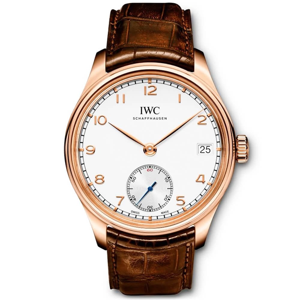 Portugieser Hand-Wound Eight Days 43mm 18ct Red Gold Silver Dial Watch
