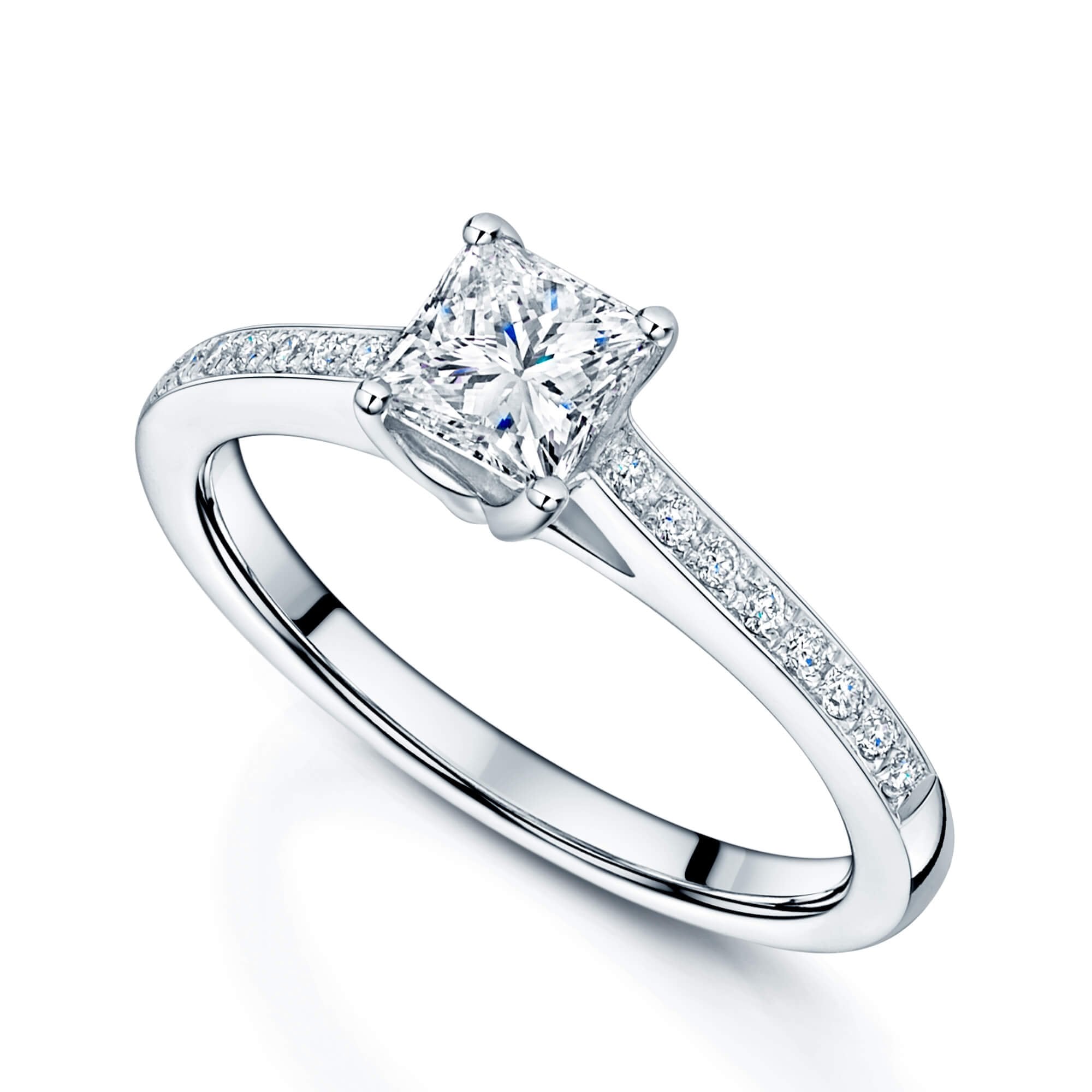 Platinum Princess Cut 0.71 Carat Diamond Ring With Round Brilliant Cut Diamond Set Shoulders 0.22 Carat