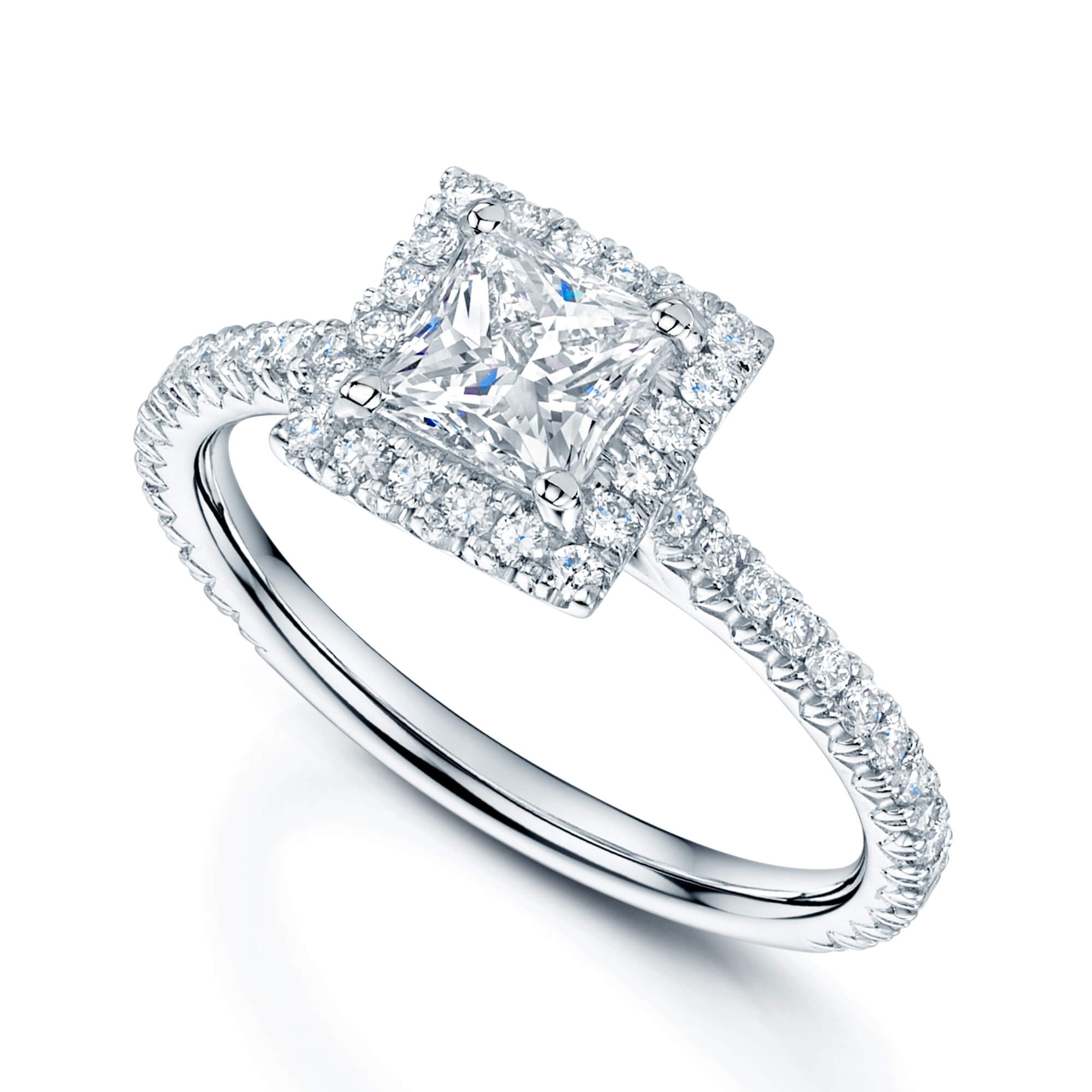 Platinum GIA Certificated Princess Cut Diamond Halo Ring With Round Brilliant Cut Diamond Shoulders