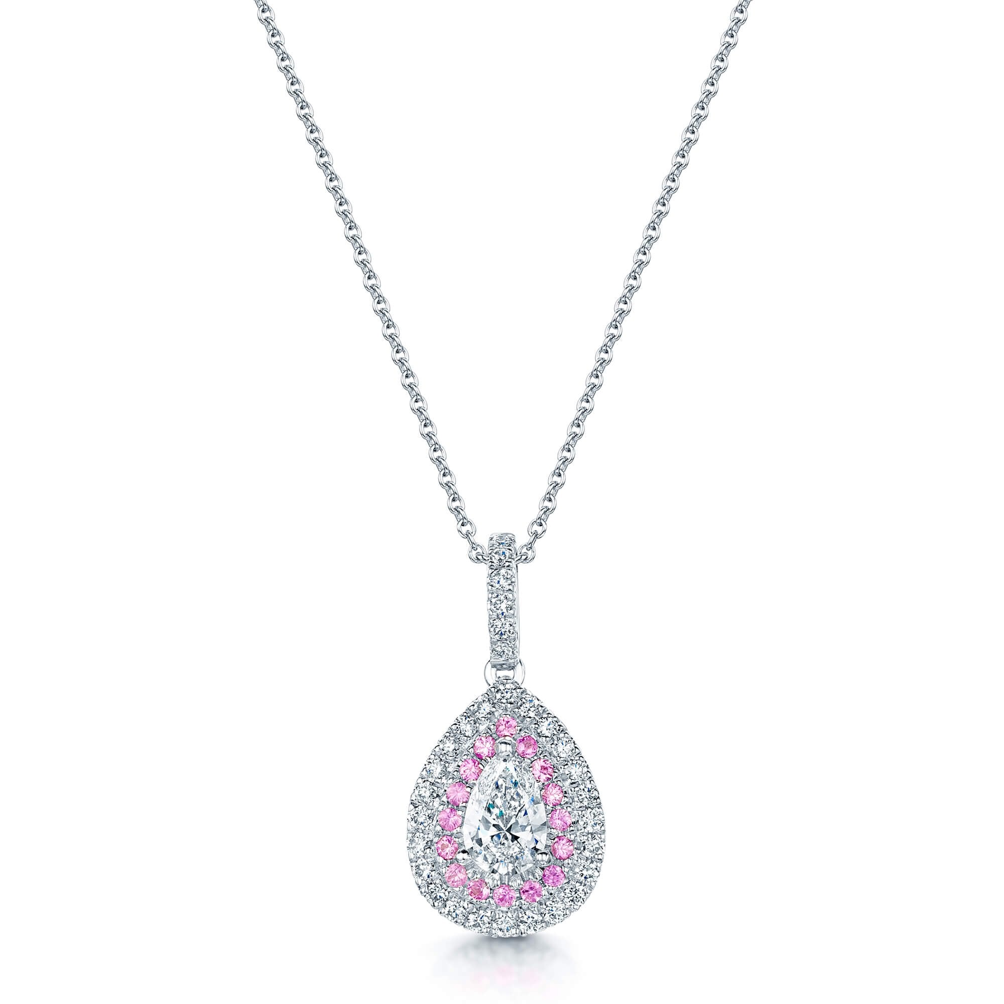 18ct White Gold Pear Cut Diamond and Pink Sapphire Pendant with Double Halo Surround