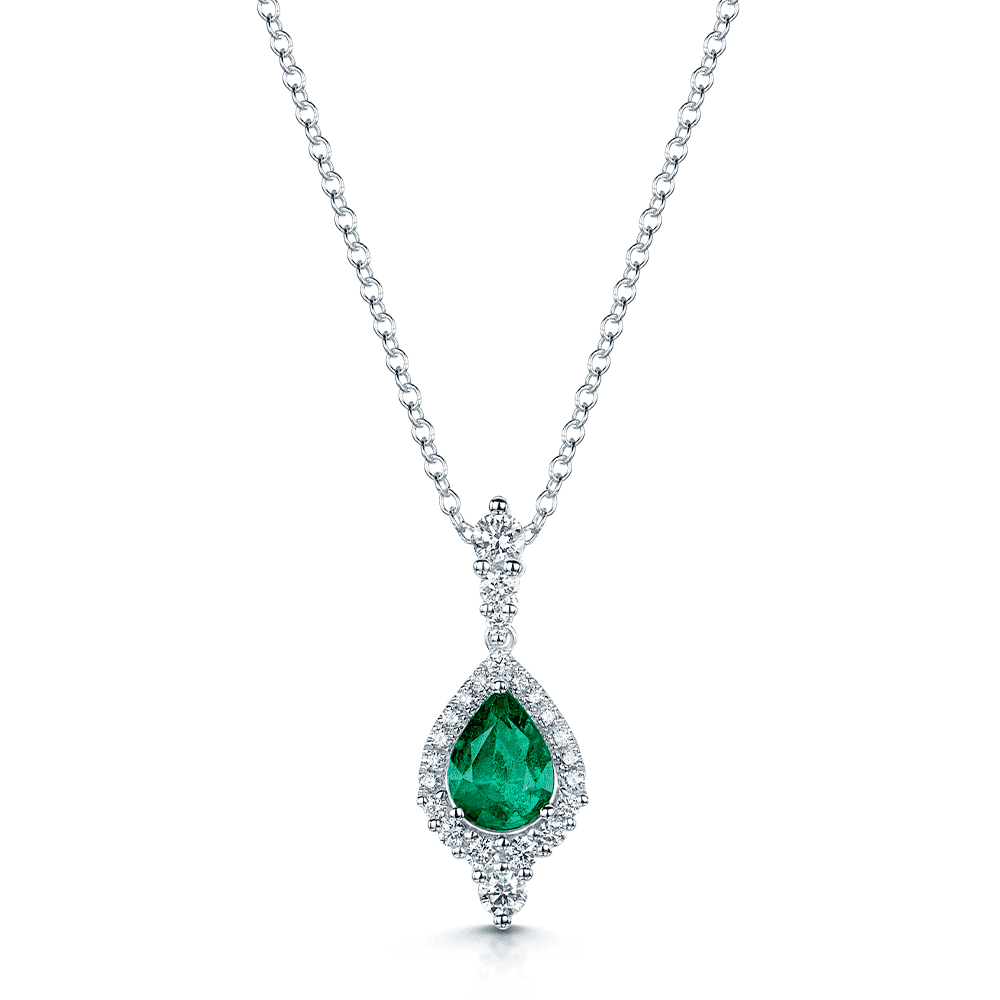 18ct White Gold Pear Shaped Emerald And Diamond Vintage Halo Pendant