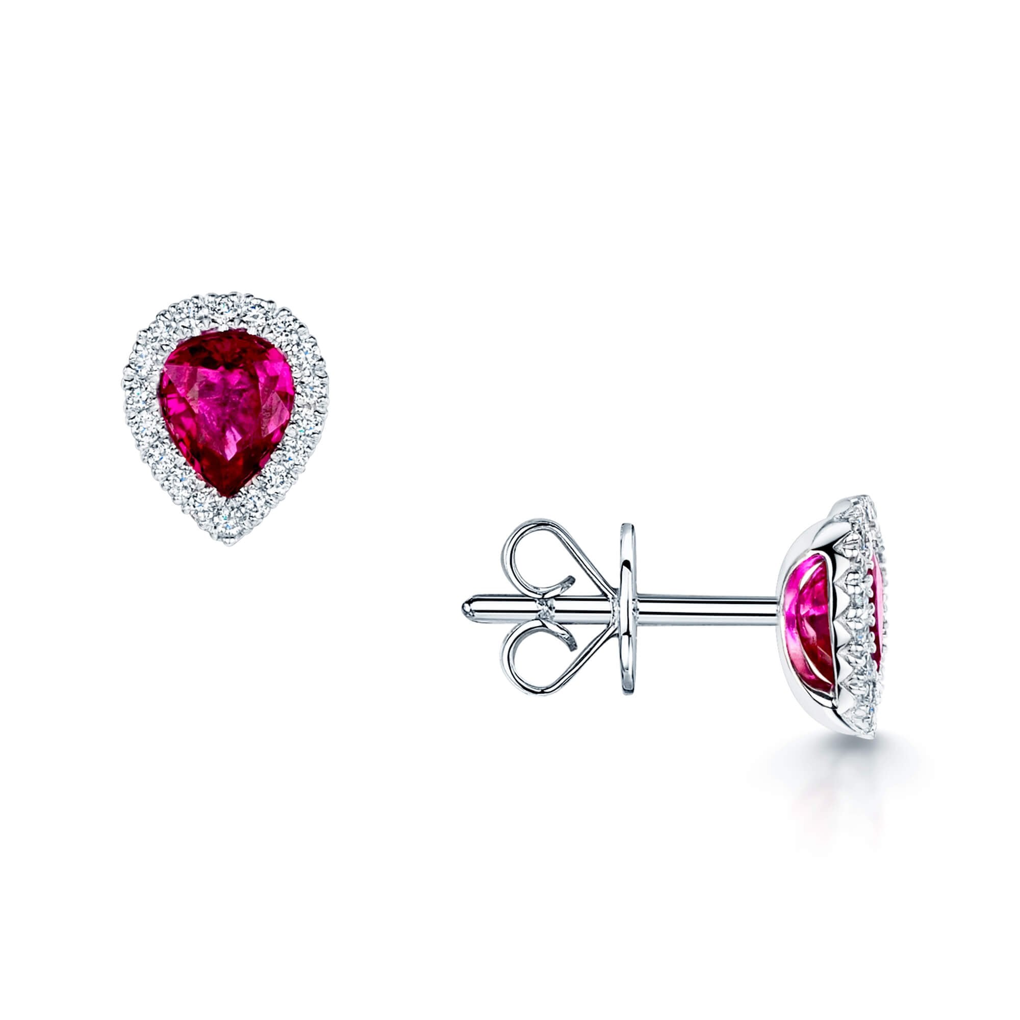 18ct White Gold Pear Cut Ruby & Diamond Halo Cluster Stud Earrings