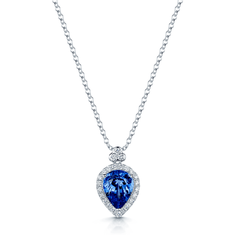 18ct White Gold Pear Shaped Tanzanite Pendant With Diamond Surround And Bale