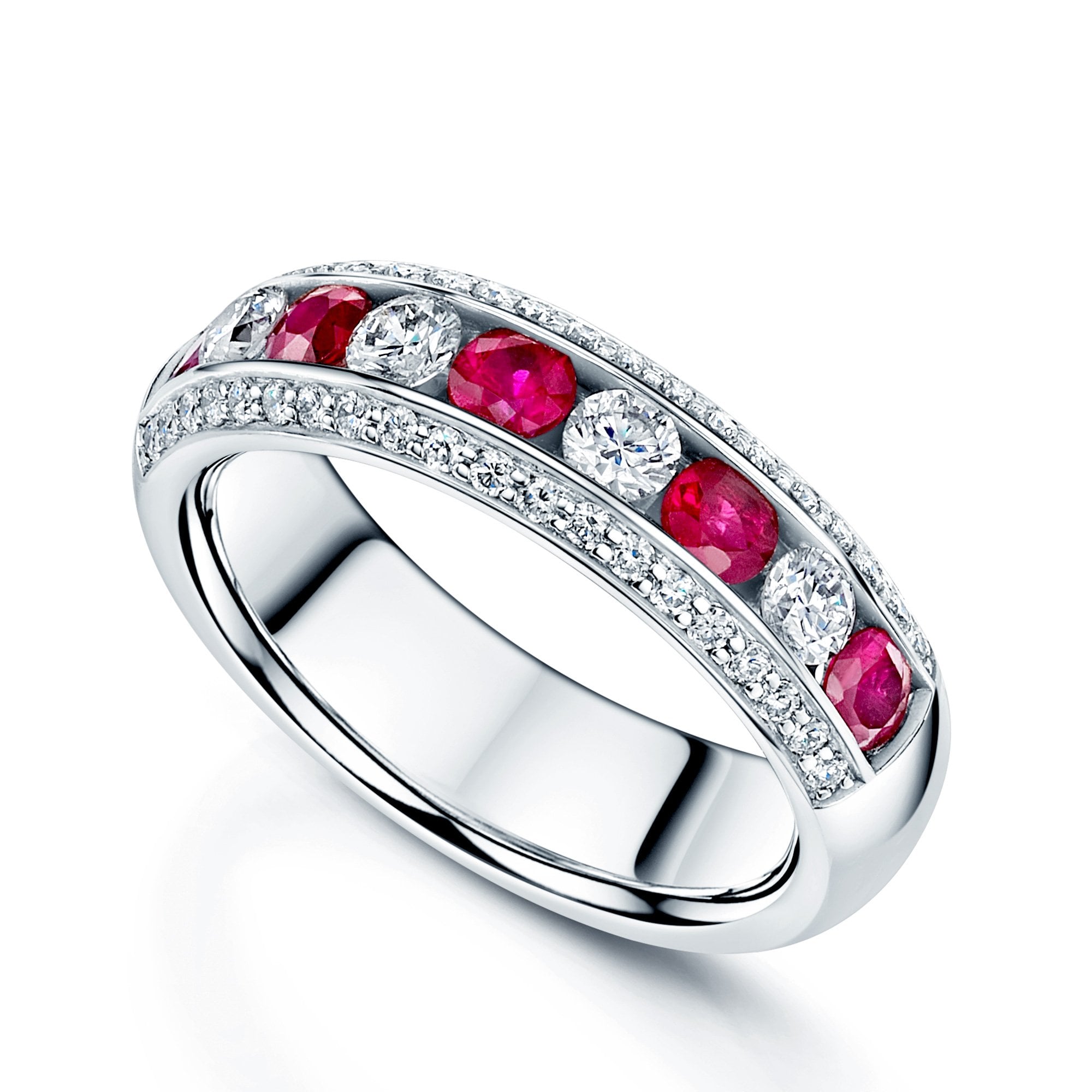 Platinum Ruby & Diamond Half Eternity Ring With Grain Set Diamond Edge