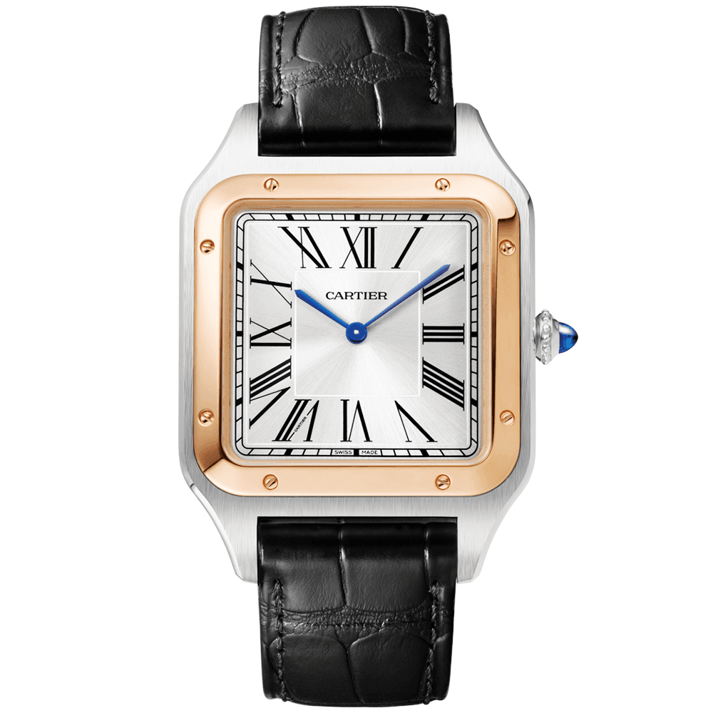 Santos-Dumont XL Steel & 18ct Rose Gold Silver Dial Leather Strap Watch