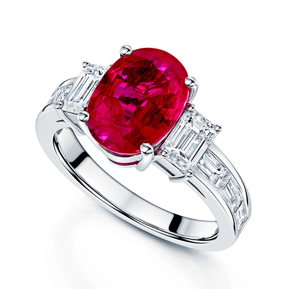 Platinum Oval Ruby and Emerald Cut Diamond 3 Stone Ring with Diamond Set Shoulders