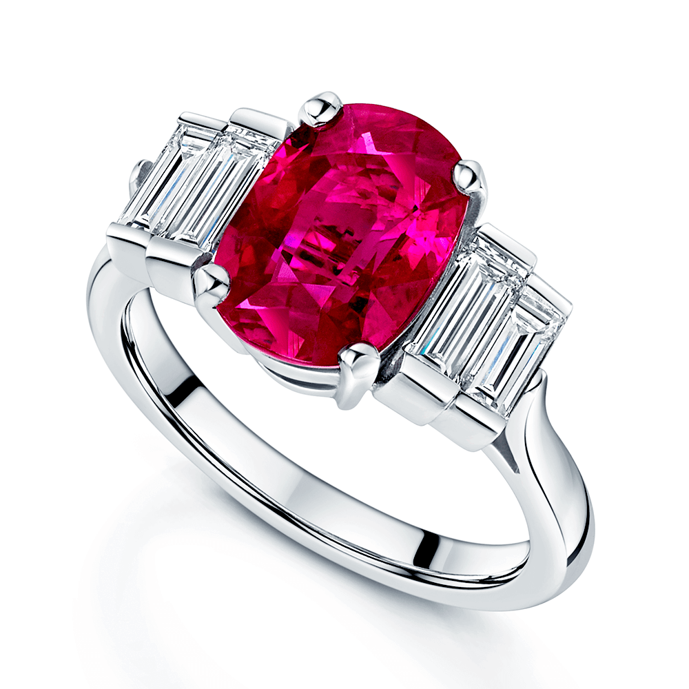 Platinum Oval Ruby and Baguette Cut Diamond Five Stone Ring