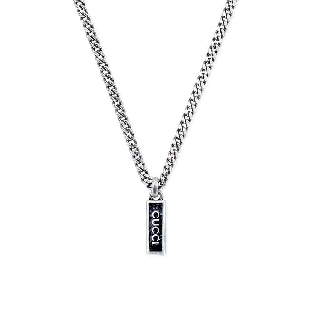 Interlocking G Tag Sterling Silver and Black Enamel Necklace