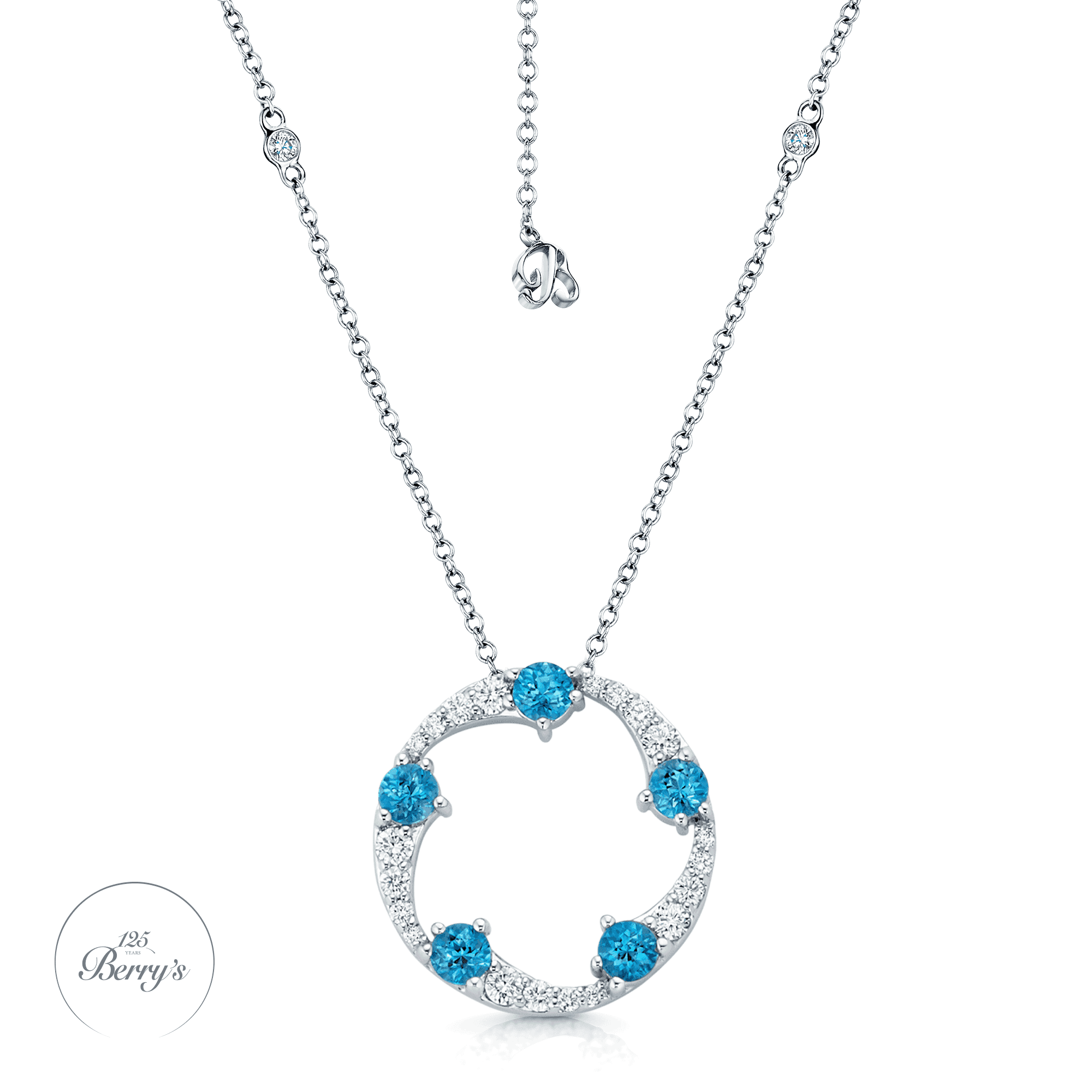 OPEIA Collection 18ct White Gold Aquamarine And Diamond Fancy Large Circle Pendant With Chain