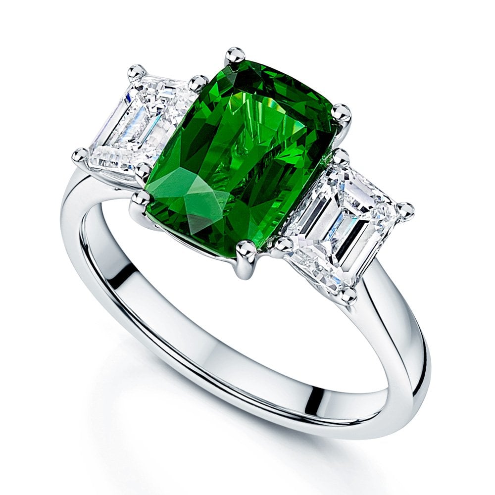 Platinum Radiant Cut Tsavorite Emerald Cut Diamond Three Stone Ring
