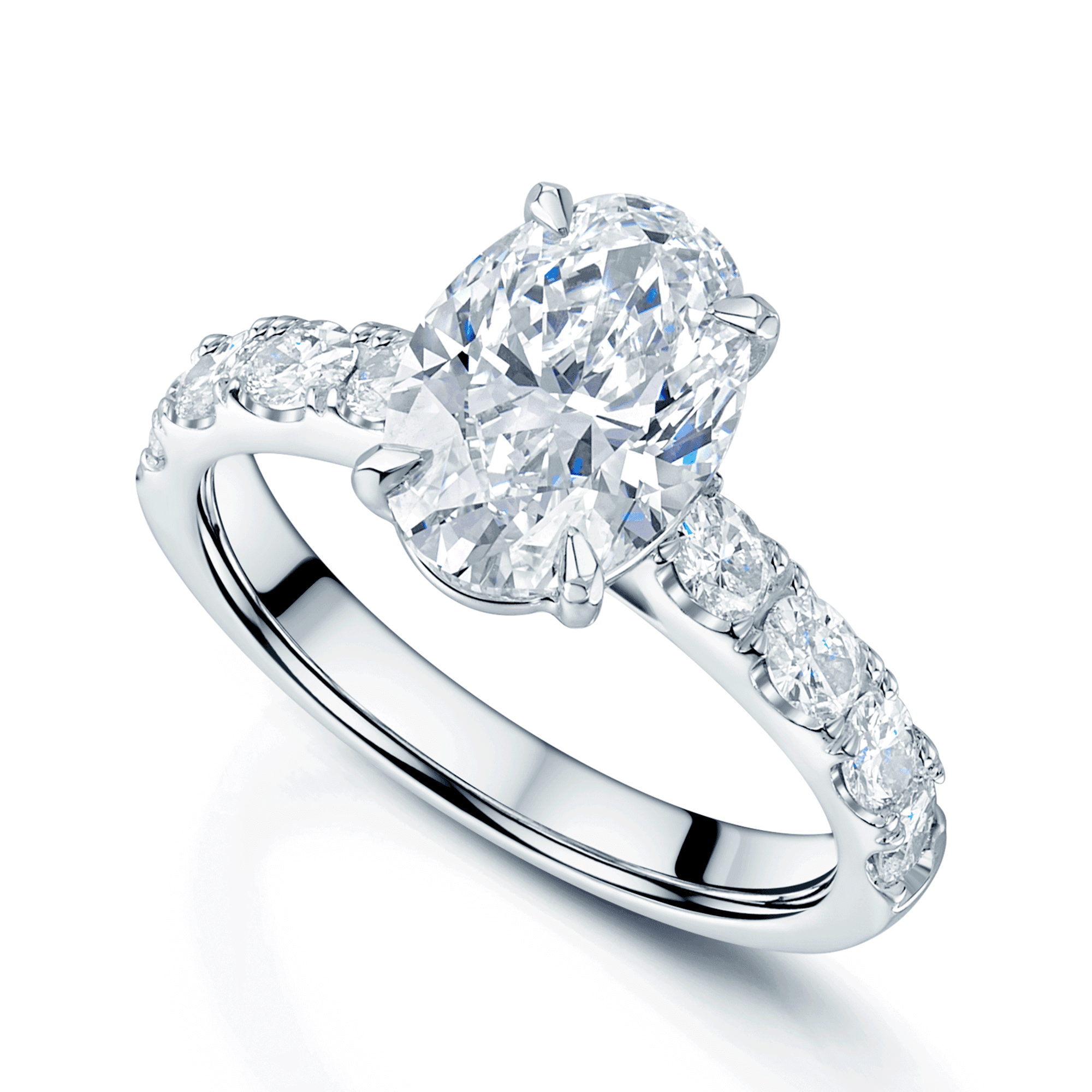 Platinum GIA Certificated 2.51 Carat Oval Cut Diamond Single Stone Ring With Oval Cut Diamond Shoulders