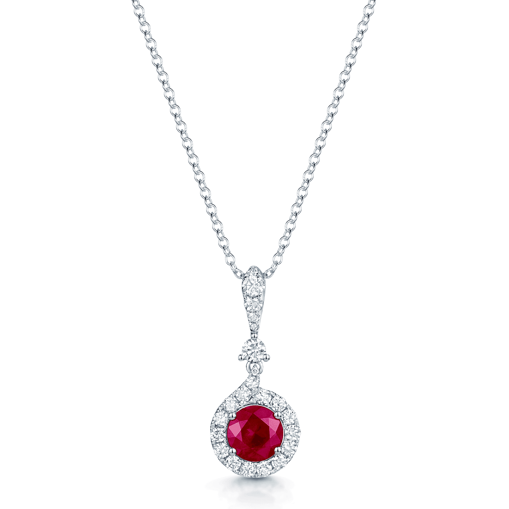 18ct White Gold Round Brilliant Cut Ruby And Diamond Halo Pendant With A Diamond Bale