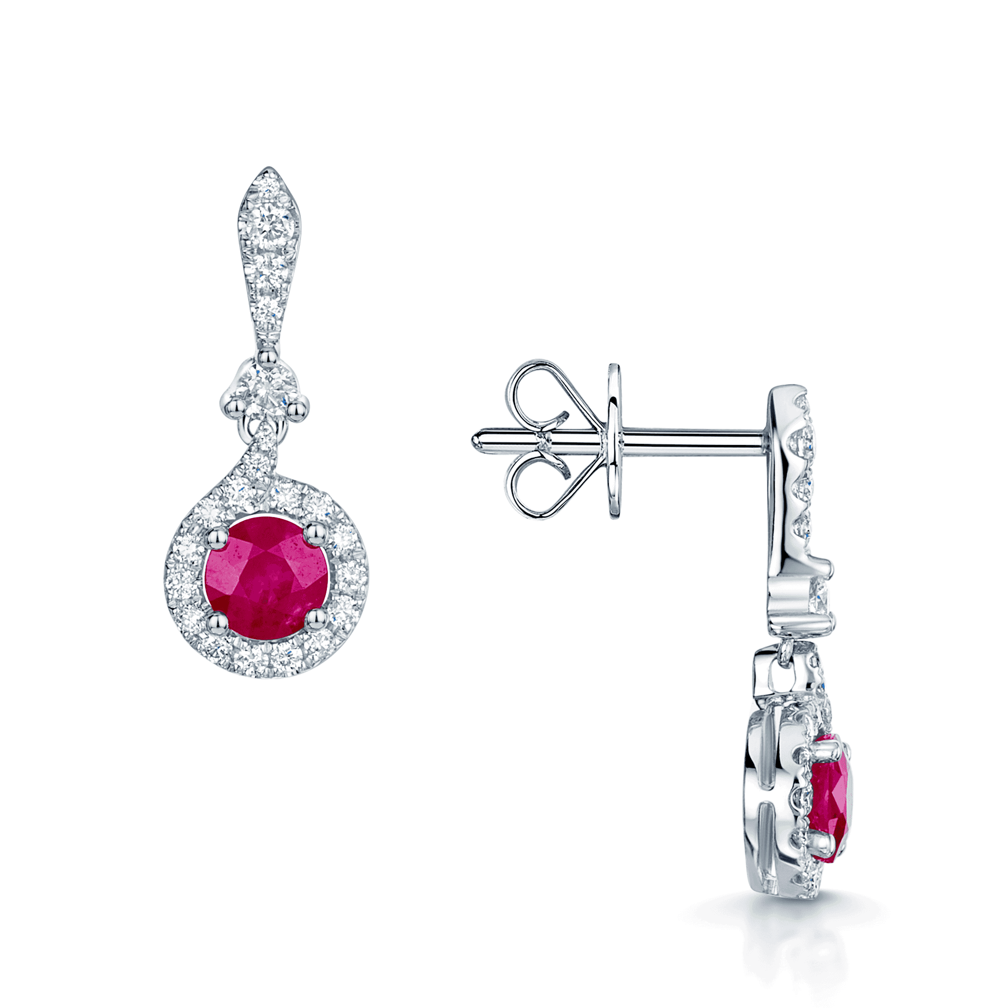 18ct White Gold Round Brilliant Cut Ruby And Diamond Halo Drop Earrings