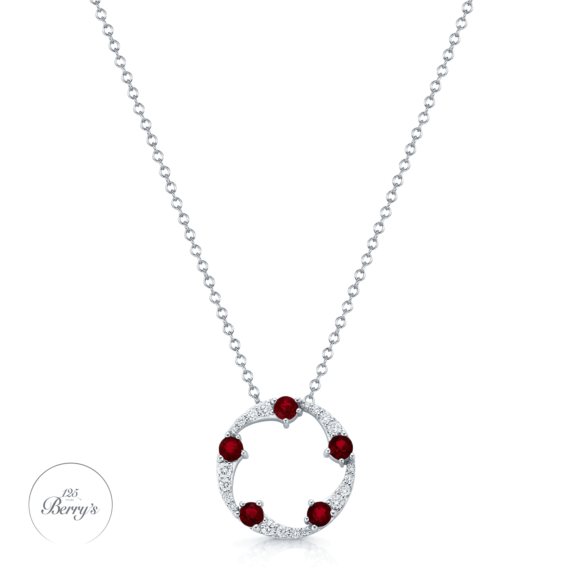 OPEIA Collection 18ct White Gold Ruby And Diamond Fancy Circle Pendant With Chain
