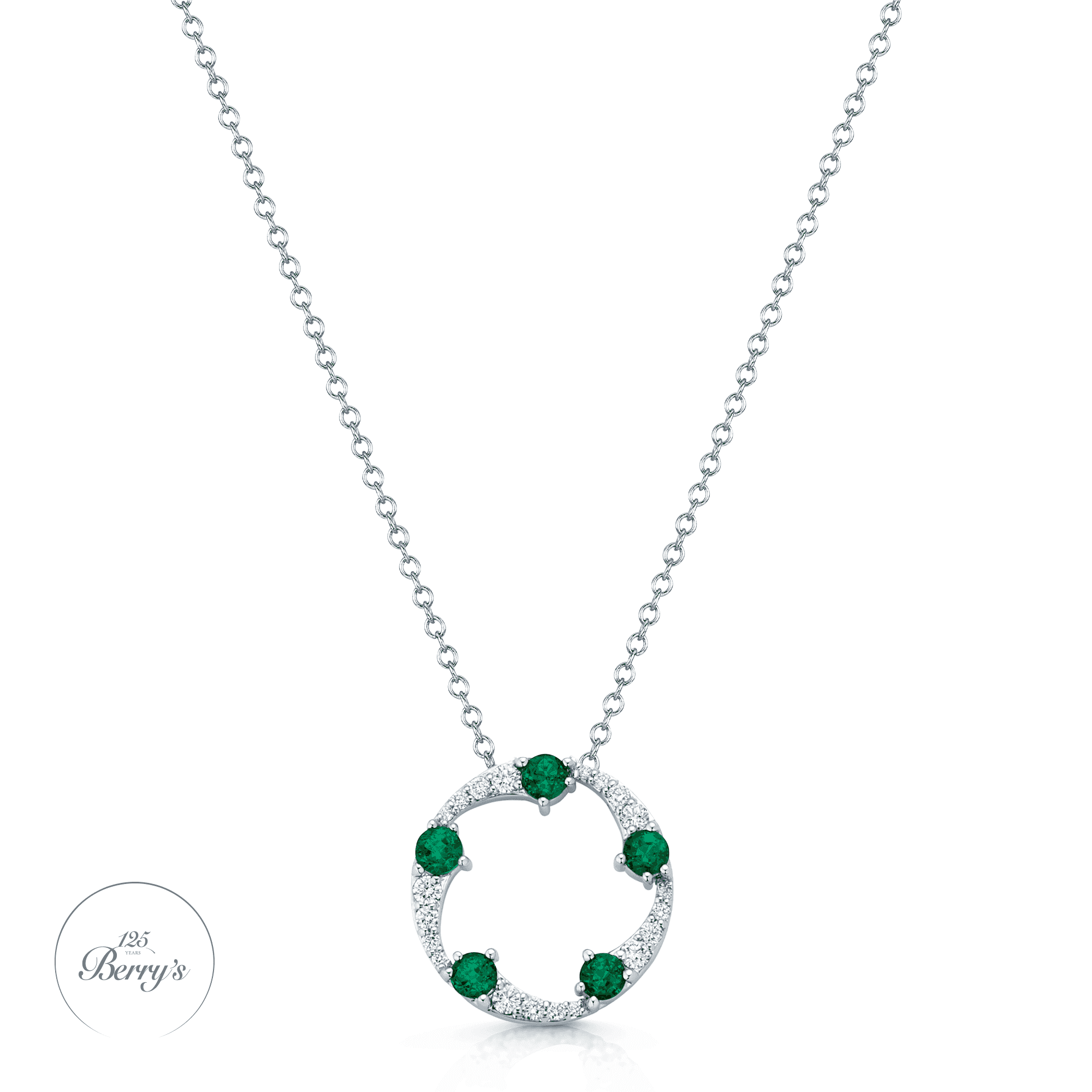 OPEIA Collection 18ct White Gold Emerald And Diamond Fancy Circle Pendant With Chain
