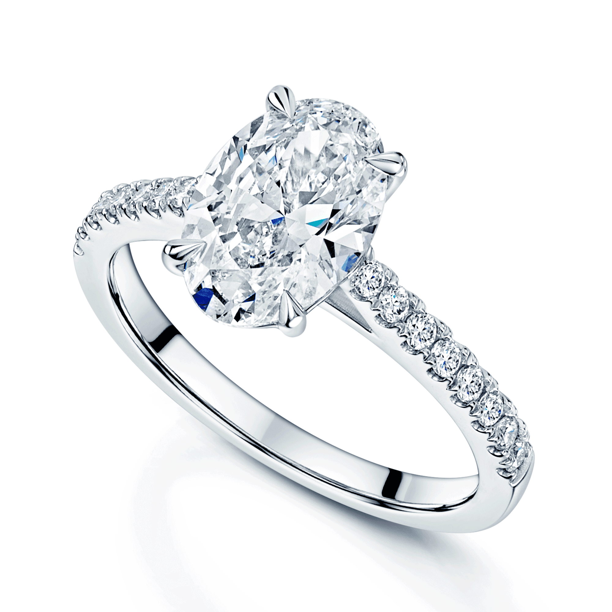 Platinum GIA Certificated 2.05 Carat Oval Cut Diamond Solitaire Ring With Diamond Shoulders
