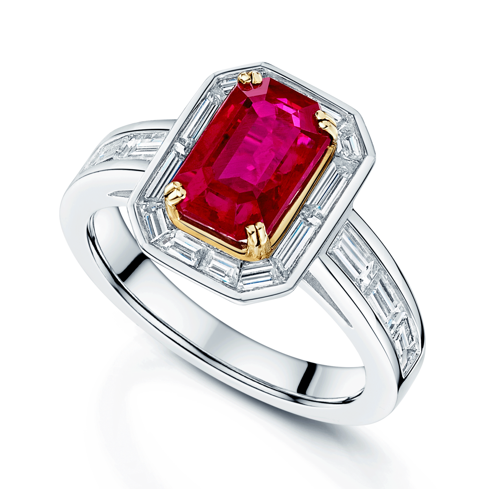 Platinum Emerald Cut Ruby & Baguette Cut Diamond Set Ring