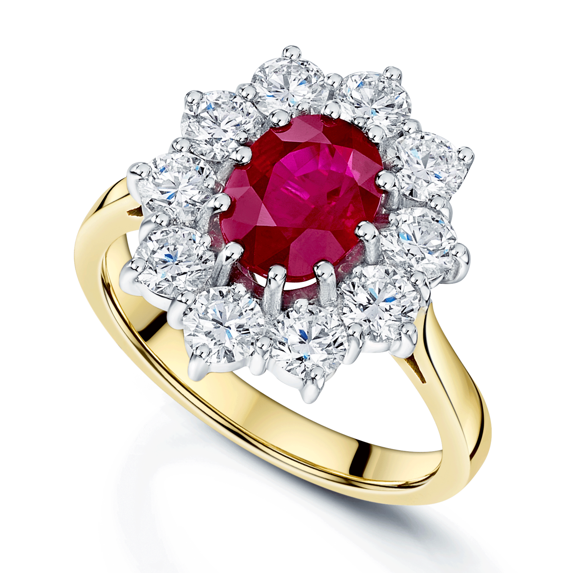 18ct Yellow & White Gold Oval Cut Ruby And Diamond Cluster Ring