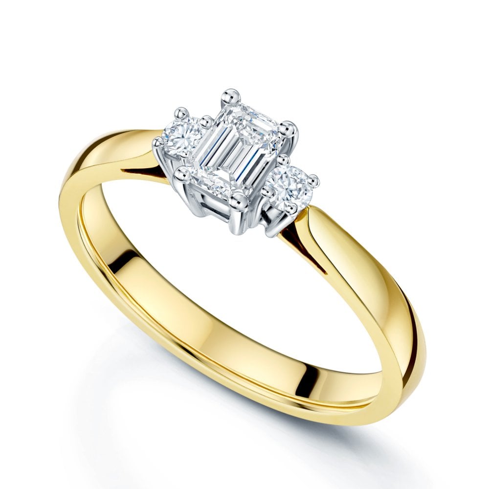 18ct Yellow Gold Emerald & Round Brilliant Cut Diamond 3 Stone Ring