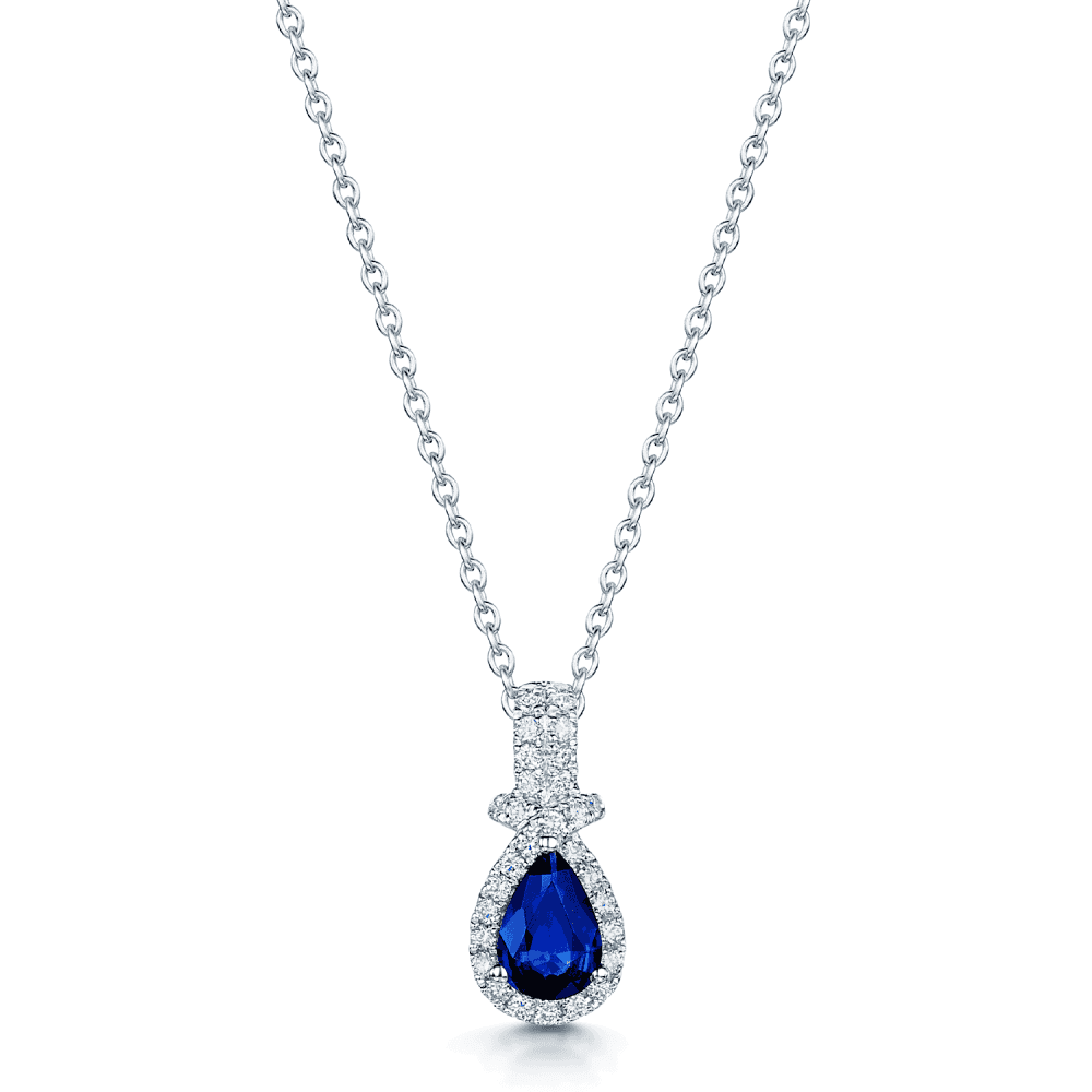 18ct White Gold Pear Shape Blue Sapphire & Round Brilliant Cut Diamond Halo Pendant