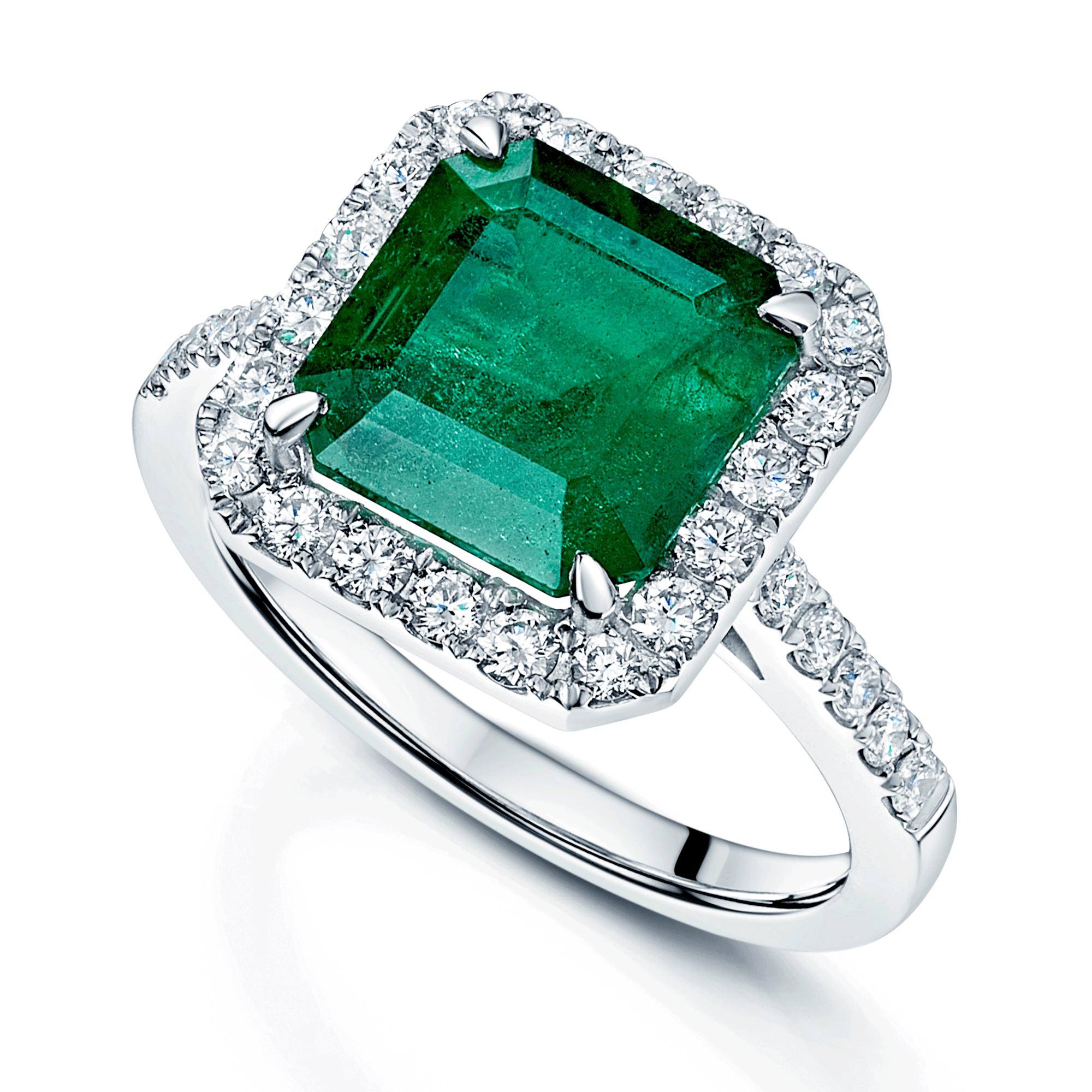 Platinum Square Cut Emerald And Round Brilliant Cut Diamond Cluster Ring With Diamond Set Shoulders