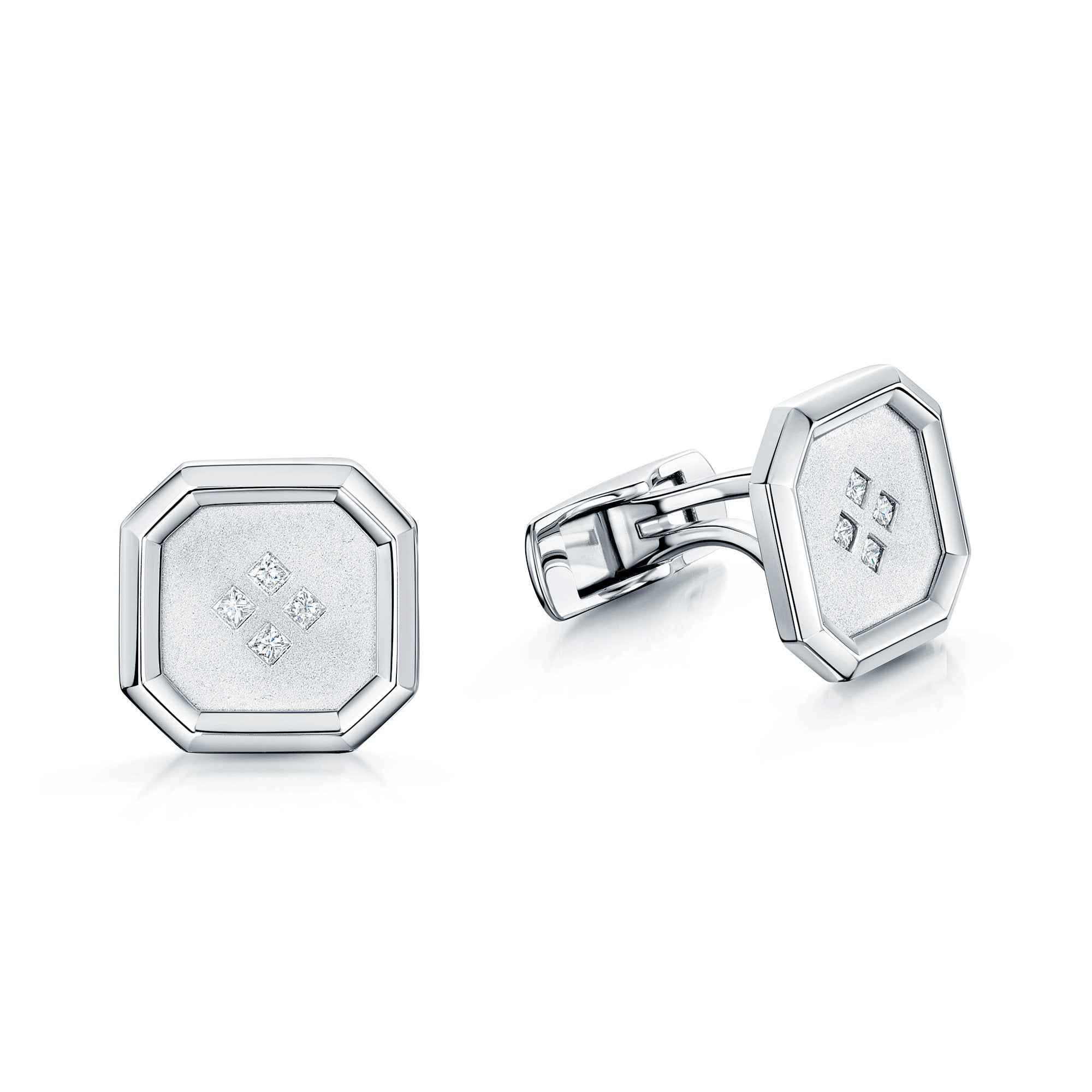 18ct White Gold Square Satin & Polished Princess Cut Diamond Set Cufflinks
