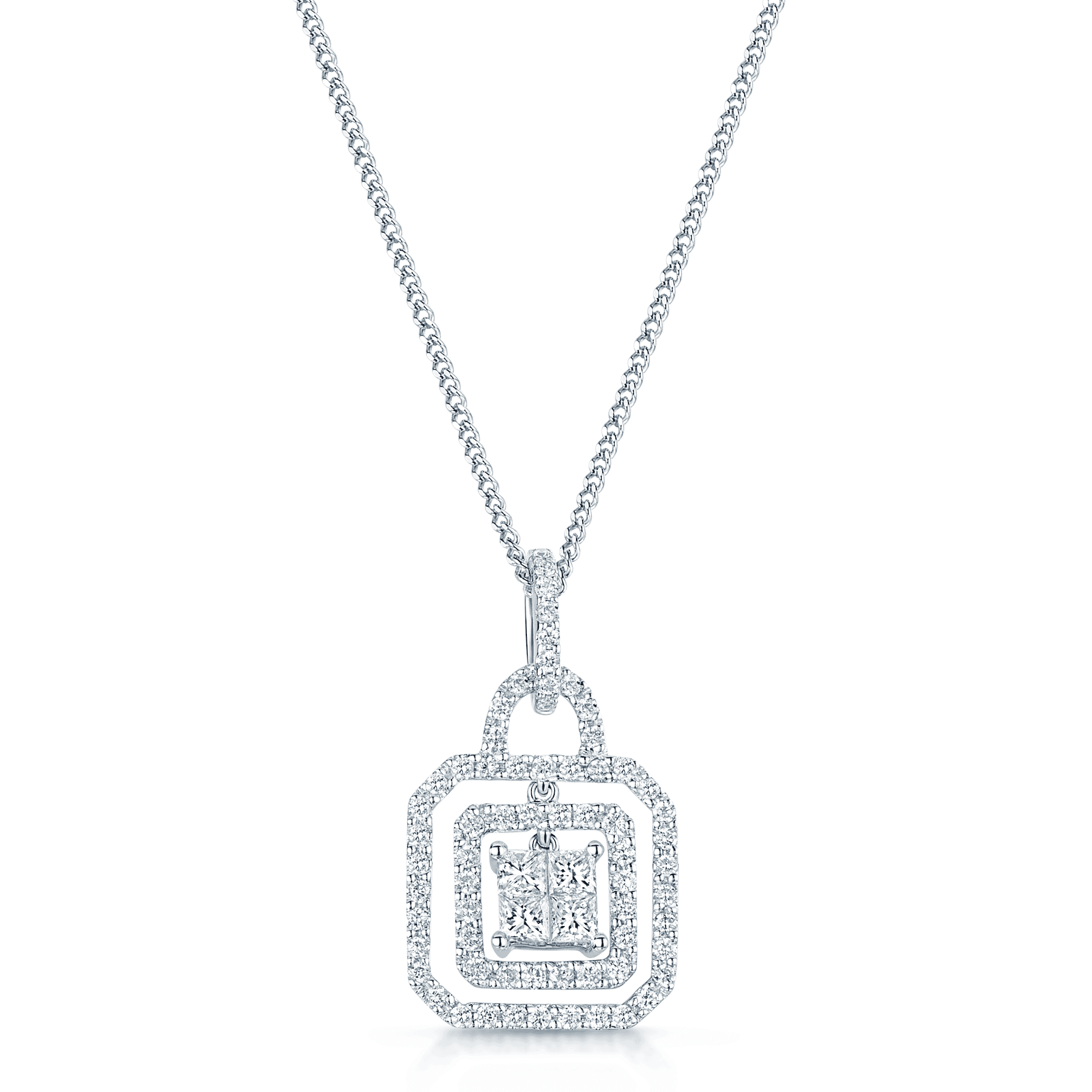 18ct White Gold Diamond Double Halo with Princess Cut Diamond Centre Pendant