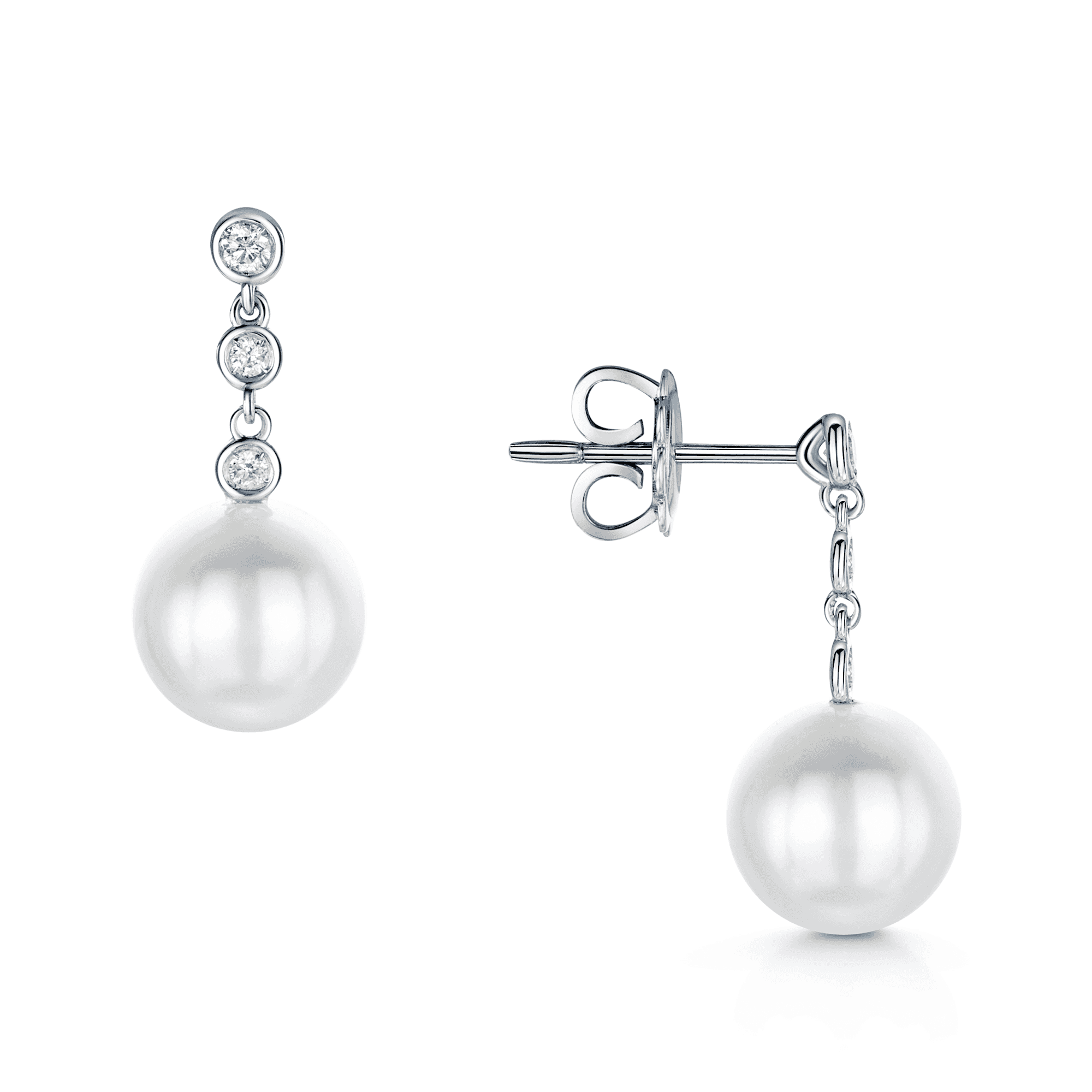 18ct White Gold Cultured Pearl And Diamond Rub-Over Drop Earrings