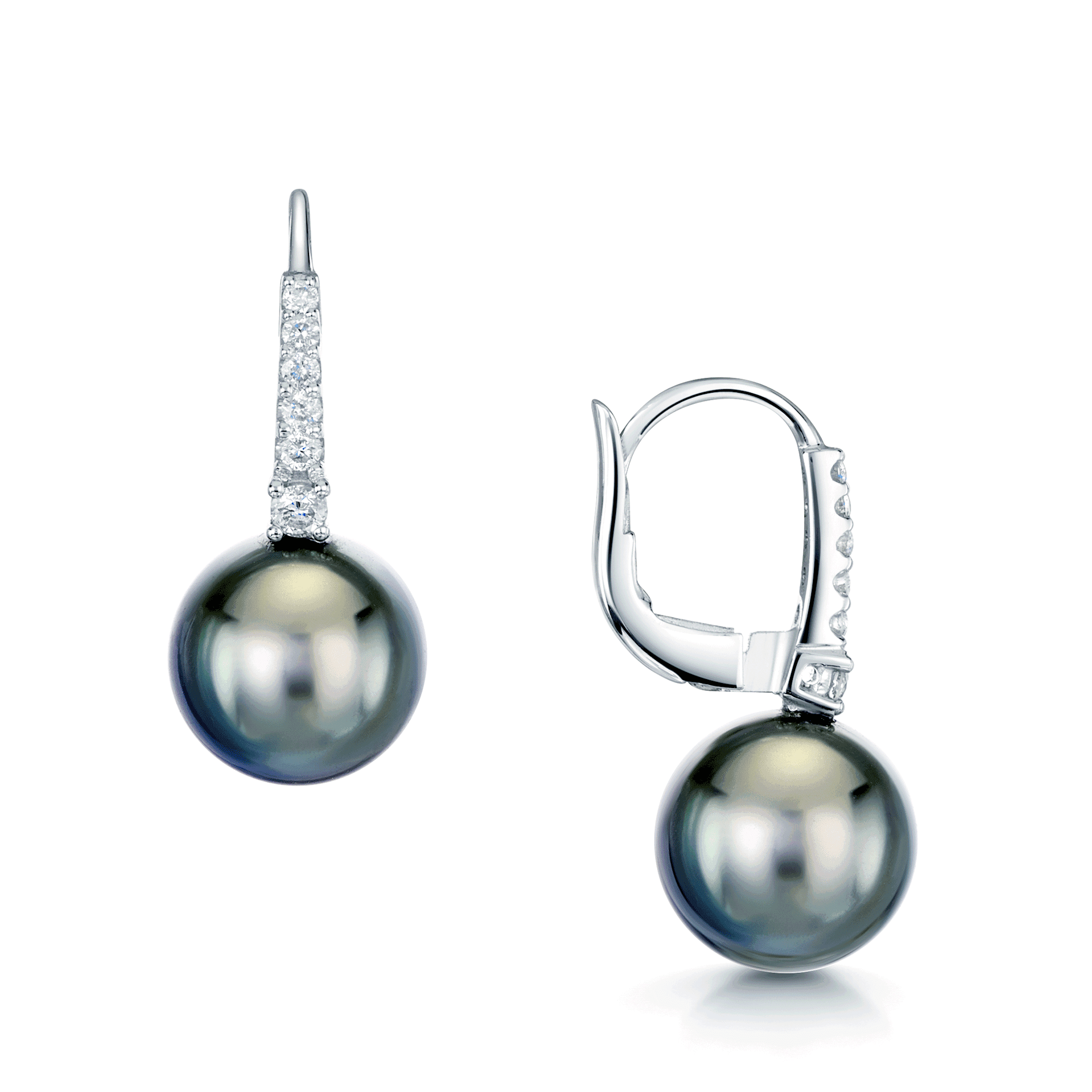 18ct White Gold Tahitian Black Pearl and Diamond Small Hoop Style Earrings