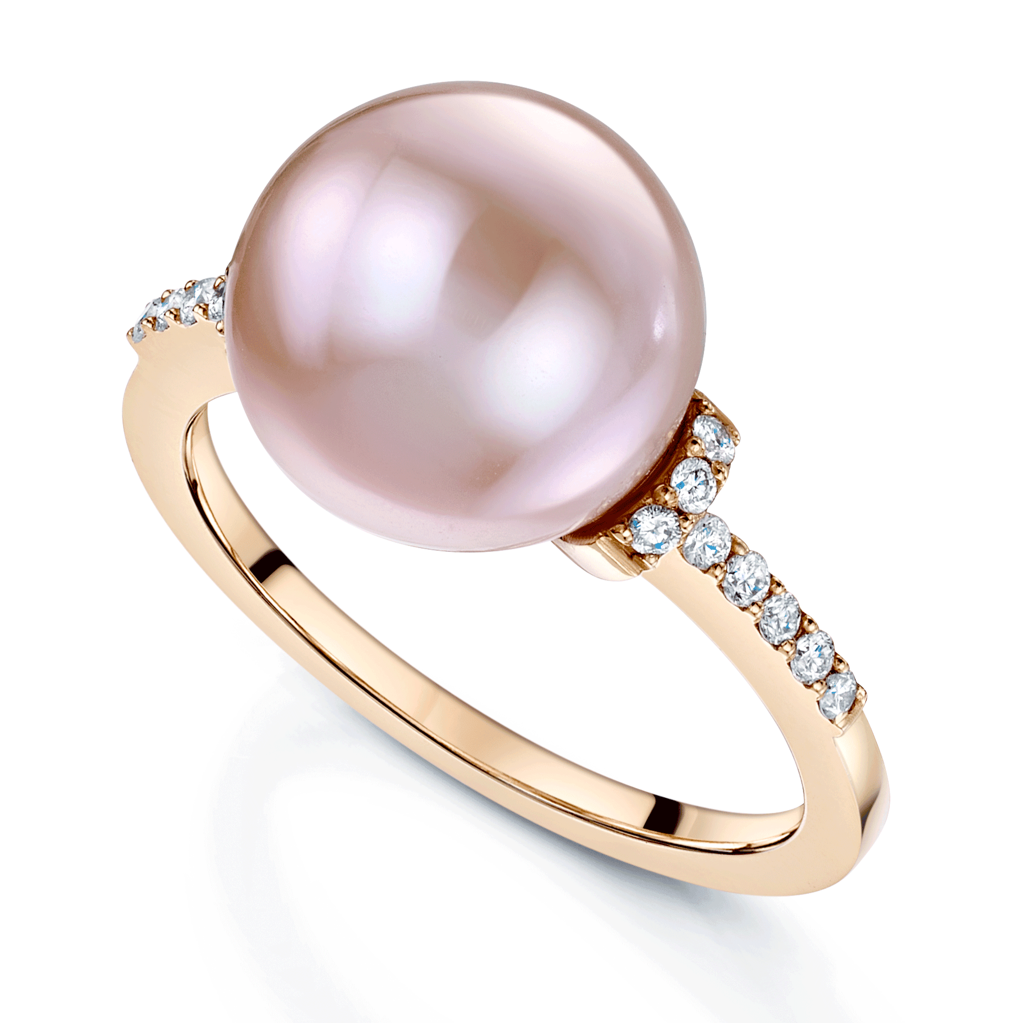 18ct Rose Gold Fresh Water Pink Pearl Dress Ring With Diamond Shoulders