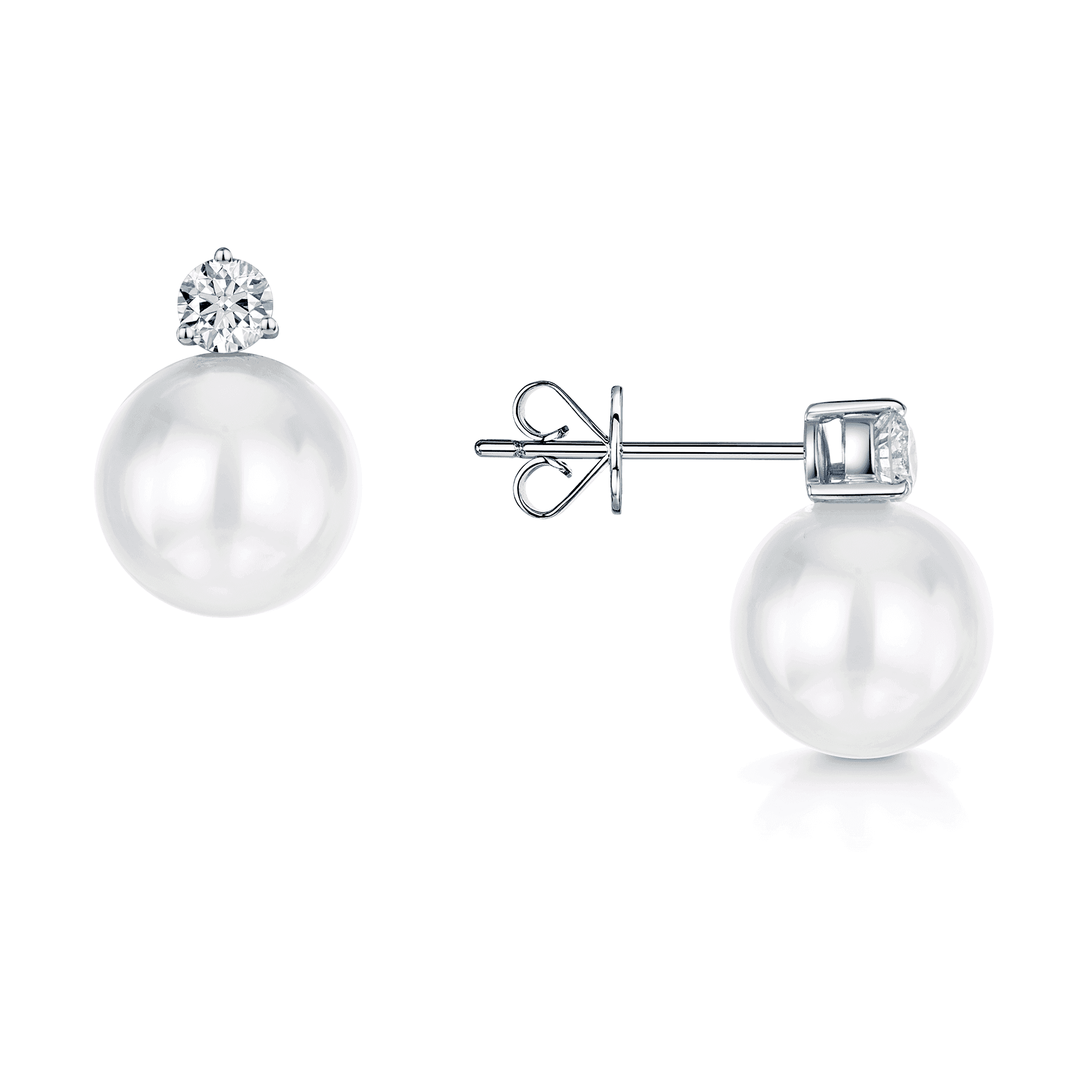 18ct White Gold 11.80mm Pearl and Round Brilliant Cut Diamond Stud Earrings