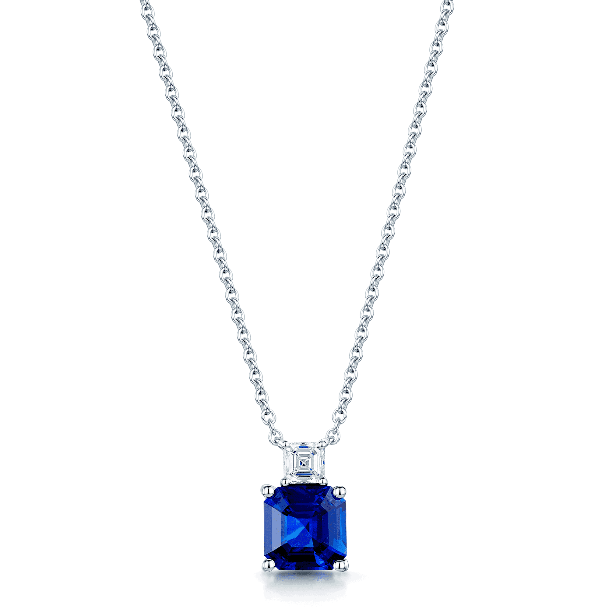 18ct White Gold Claw Set Step-Cut Blue Sapphire & Asscher Cut Diamond Pendant