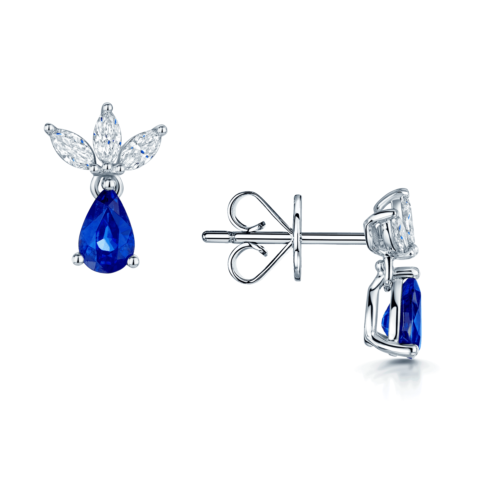 18ct White Gold Marquise Diamond & Pear Cut Blue Sapphire Drop Earrings