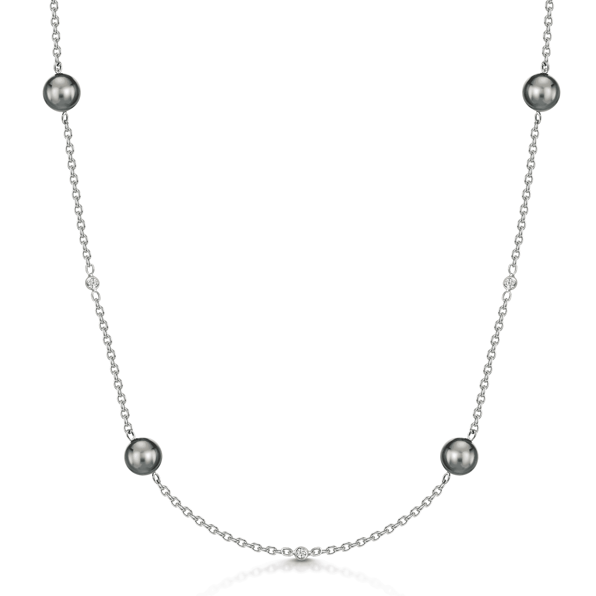 18ct White Gold Black South Sea Pearl & Diamond Long Chain Necklace