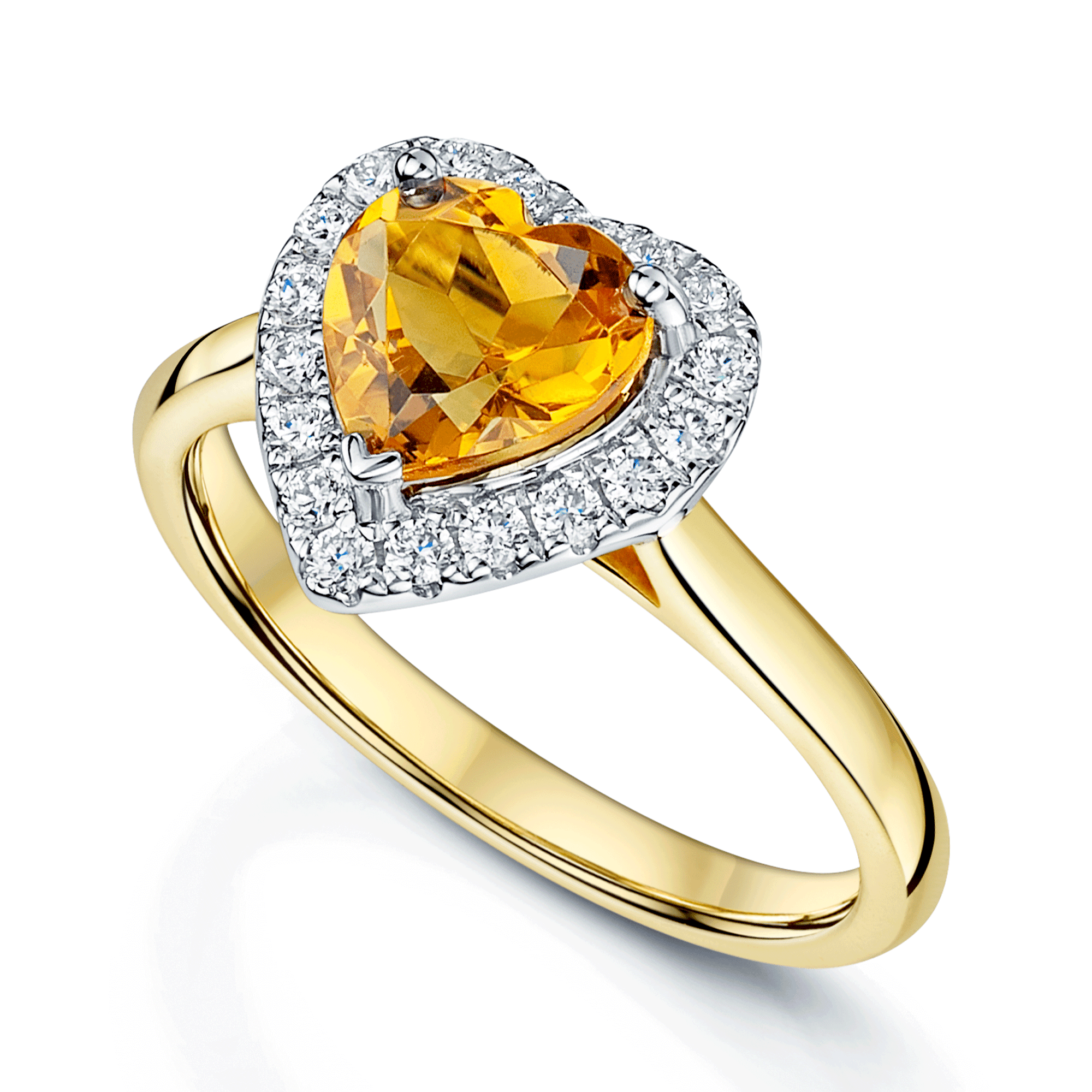 18ct Yellow Gold Heart Shaped Citrine & Diamond Halo Ring